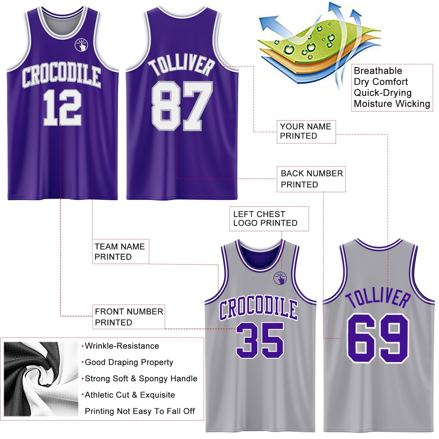 Custom Purple White-Gray Reversible Double Side Sublimation Basketball Set Jersey view 5
