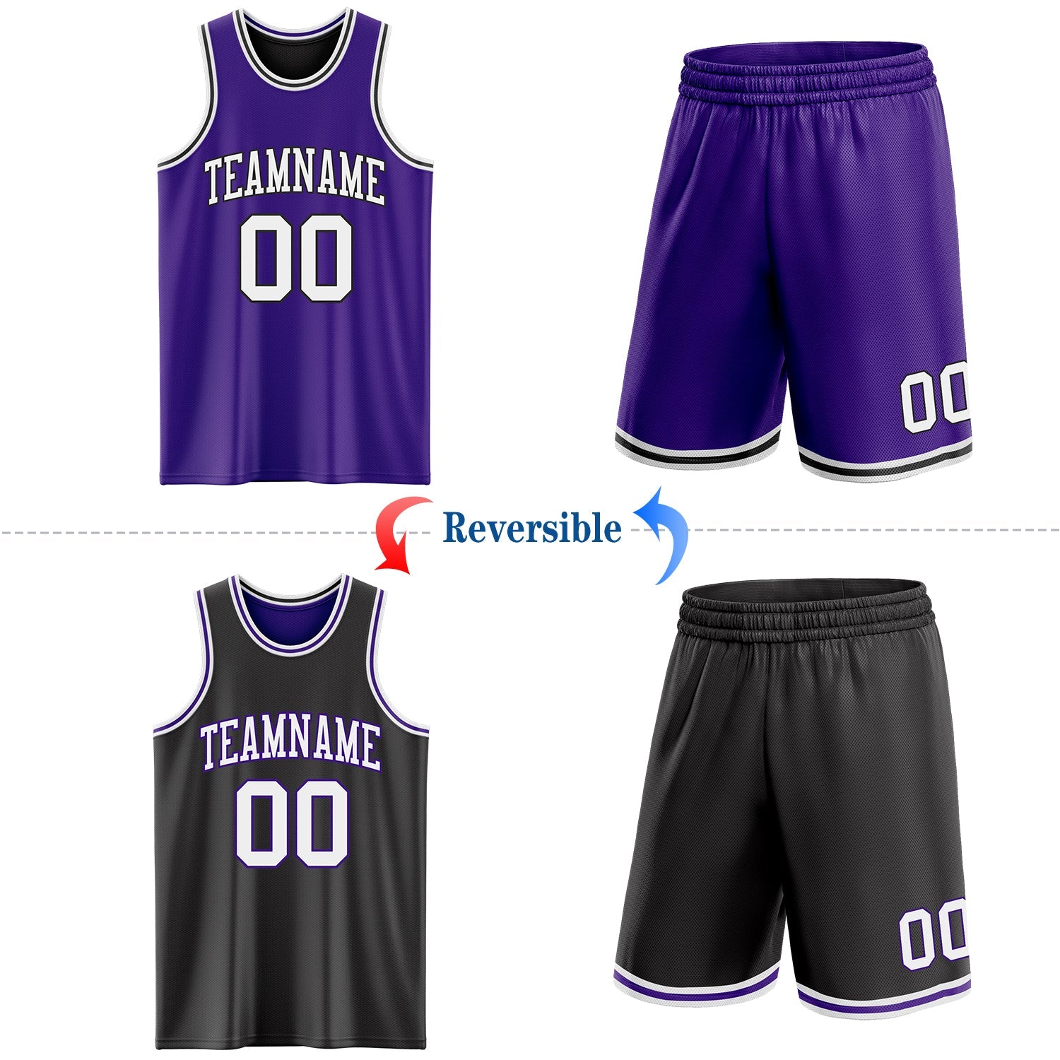 Custom Purple White-Black Reversible Double Side Sublimation Basketball Set Jersey view 2
