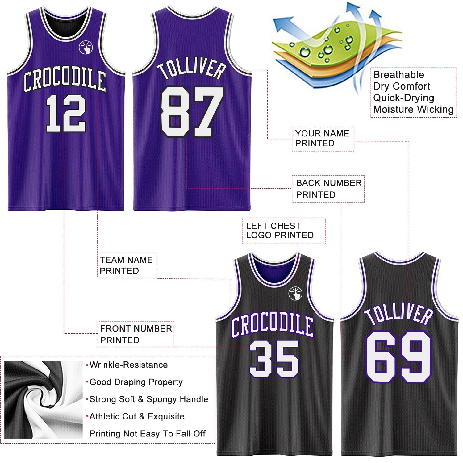 Custom Purple White-Black Reversible Double Side Sublimation Basketball Set Jersey view 5