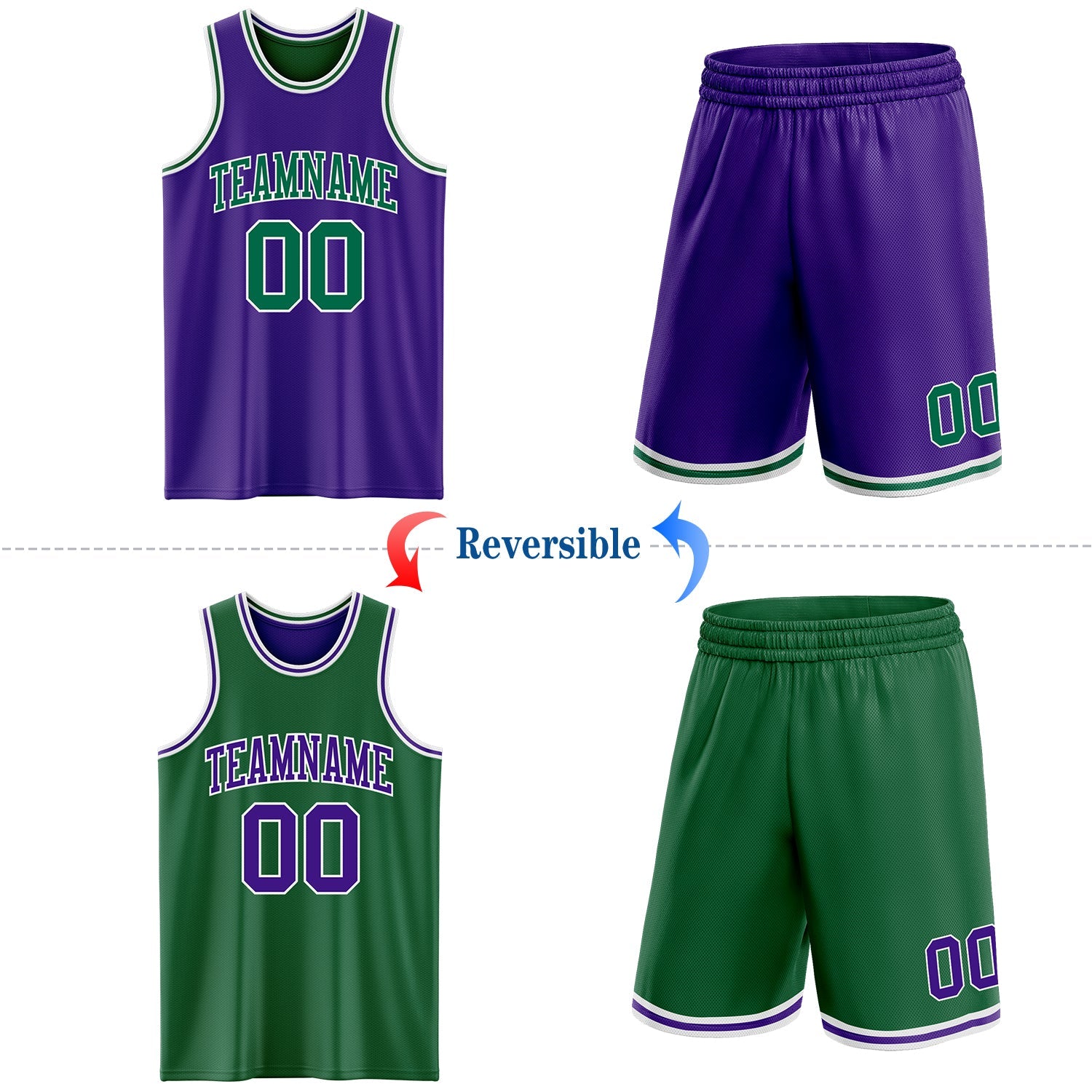 Custom Purple Kelly Green-White Reversible Double Side Sublimation Basketball Set Jersey view 2