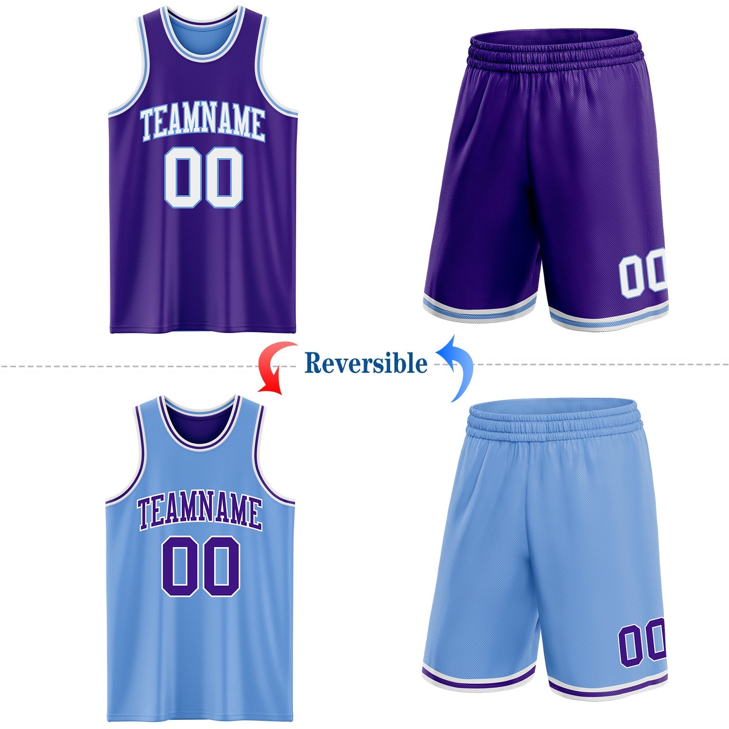 Custom Purple White-Light Blue Reversible Double Side Sublimation Basketball Set Jersey view 2