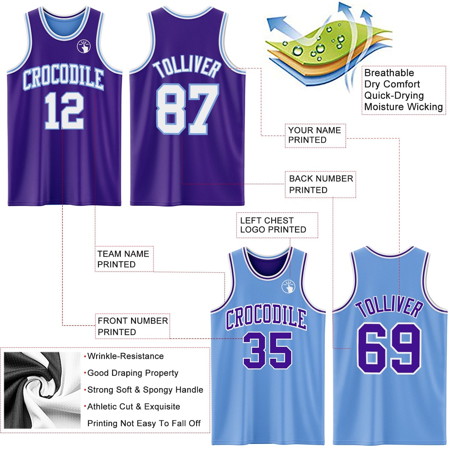 Custom Purple White-Light Blue Reversible Double Side Sublimation Basketball Set Jersey view 5