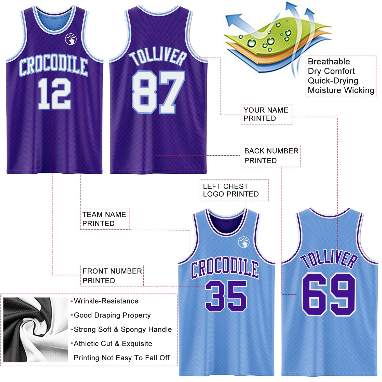 Custom Purple White-Light Blue Reversible Double Side Sublimation Basketball Set Jersey view 5