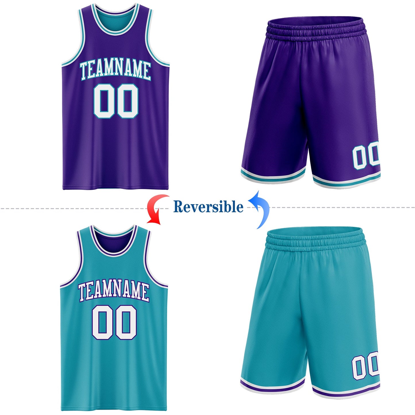 Custom Purple White-Teal Reversible Double Side Sublimation Basketball Set Jersey view 2