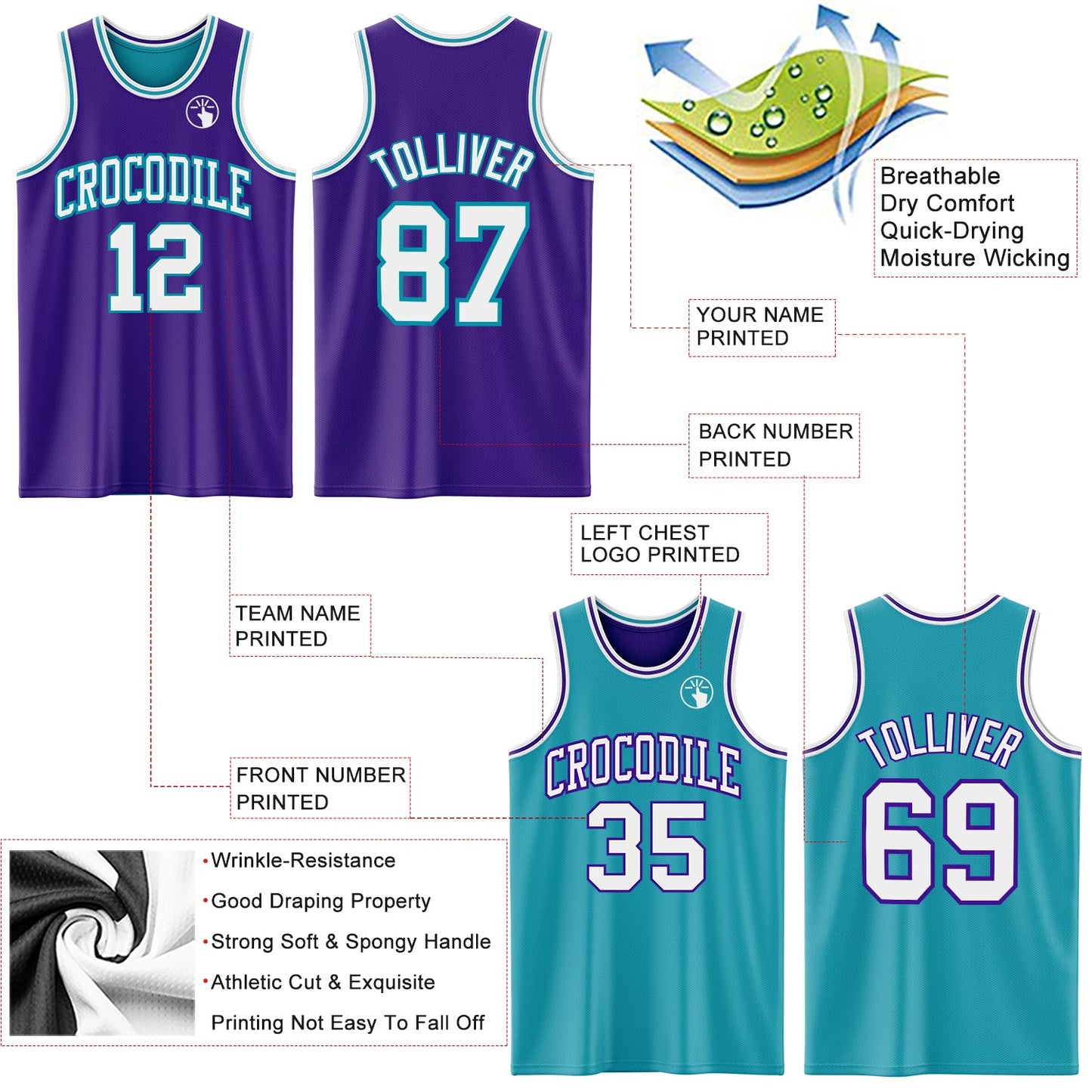 Custom Purple White-Teal Reversible Double Side Sublimation Basketball Set Jersey view 5