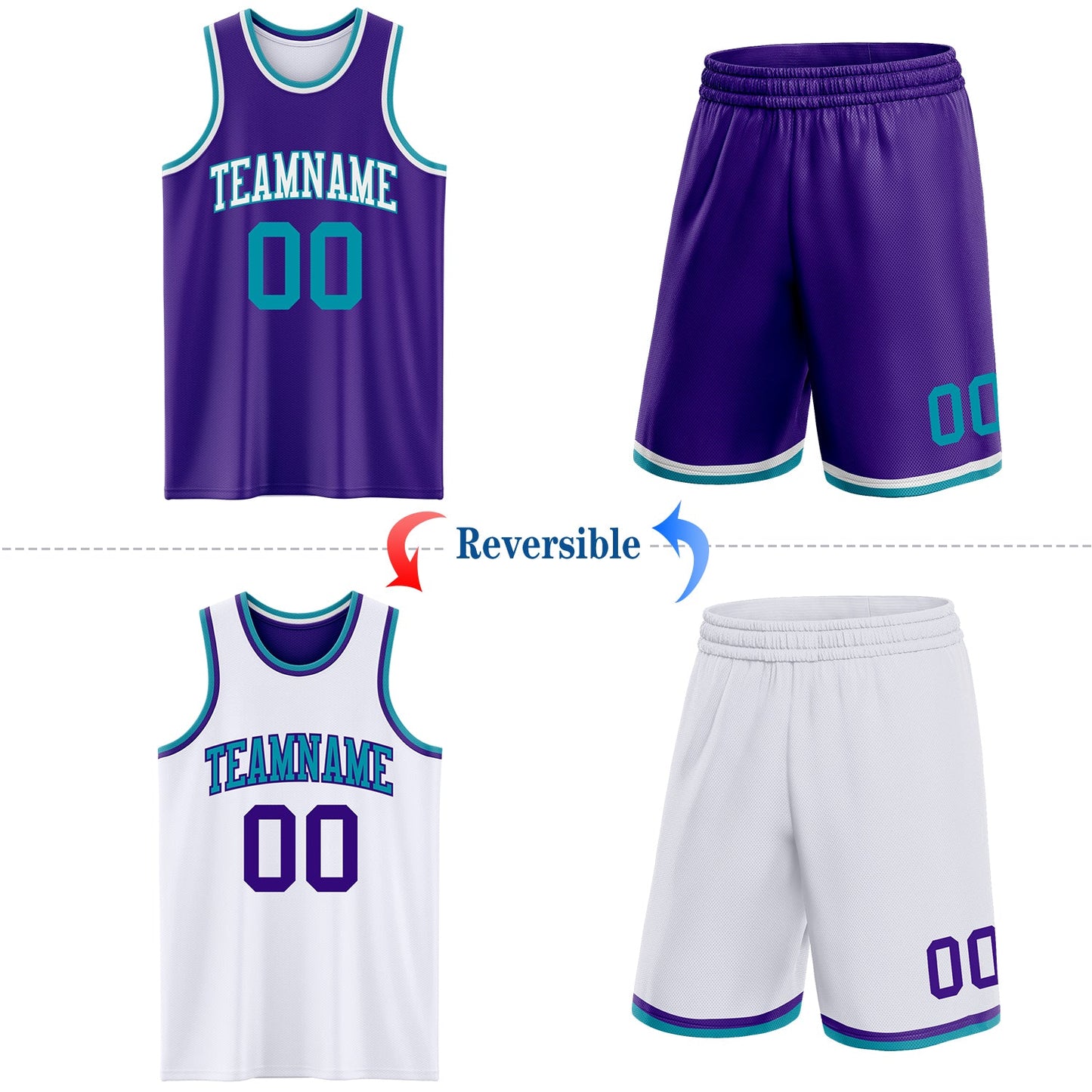 Custom Purple Teal-White Reversible Double Side Sublimation Basketball Set Jersey view 2
