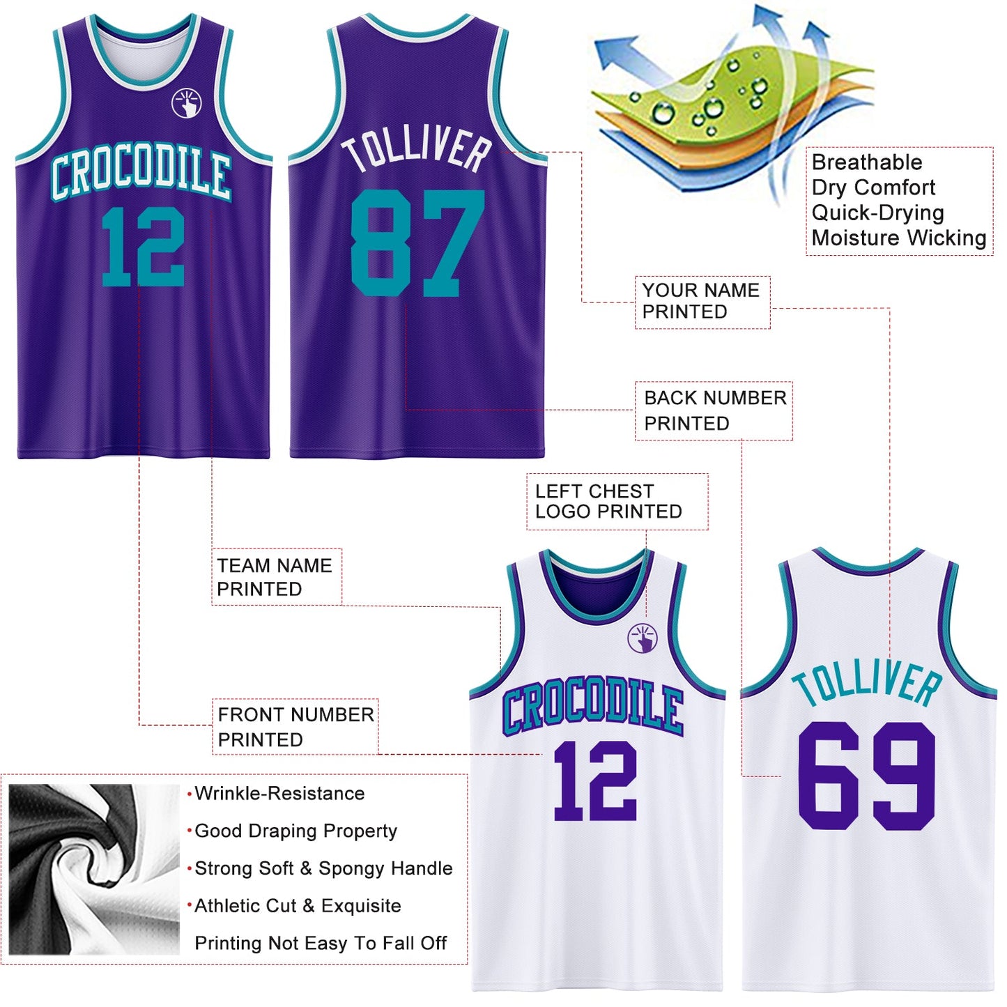 Custom Purple Teal-White Reversible Double Side Sublimation Basketball Set Jersey view 5