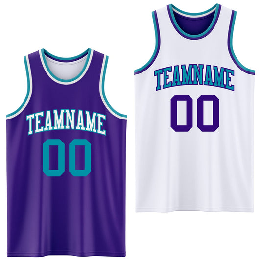 Custom Purple Teal-White Reversible Double Side Sublimation Basketball Set Jersey - Main View
