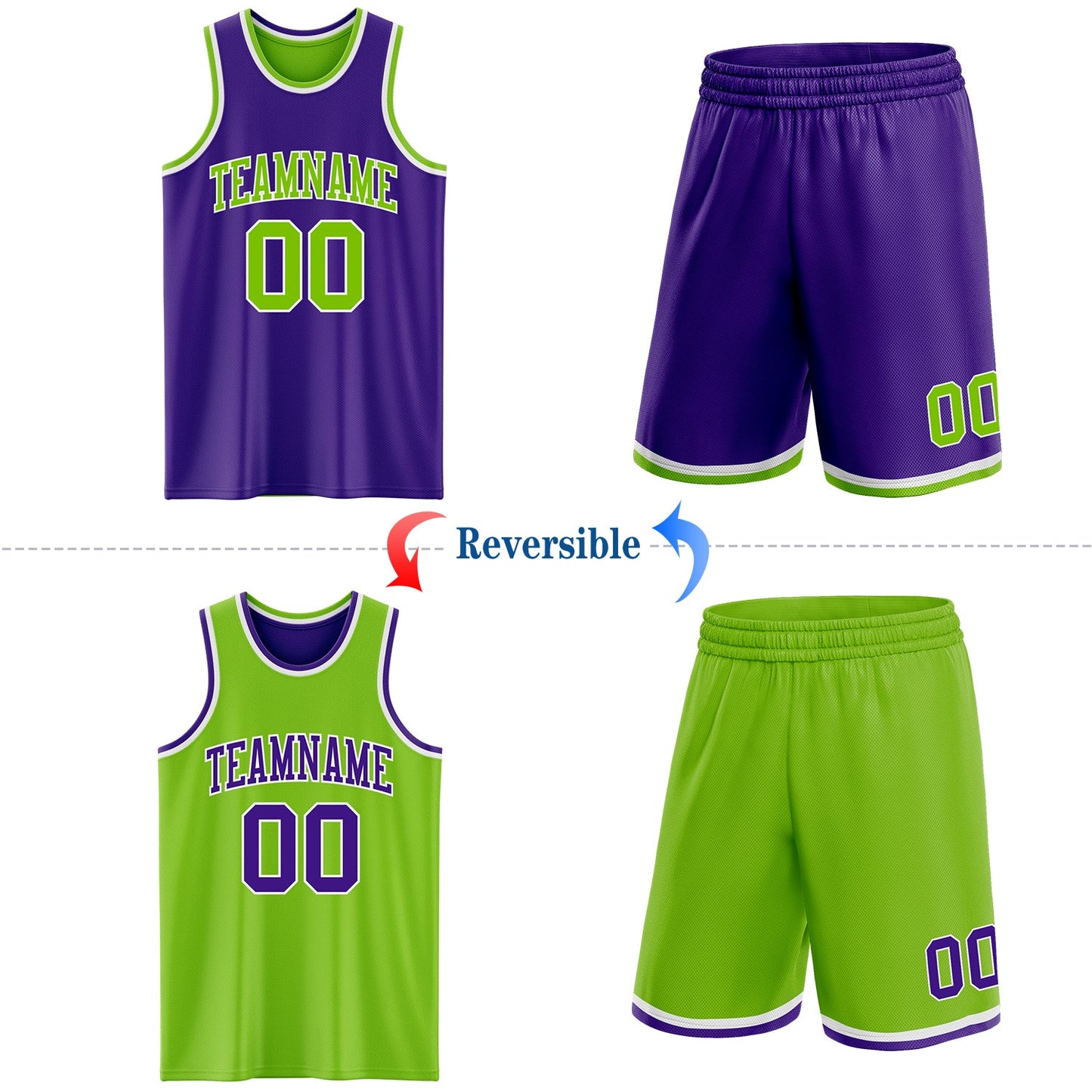 Custom Purple Neon Green-White Reversible Double Side Sublimation Basketball Set Jersey view 2