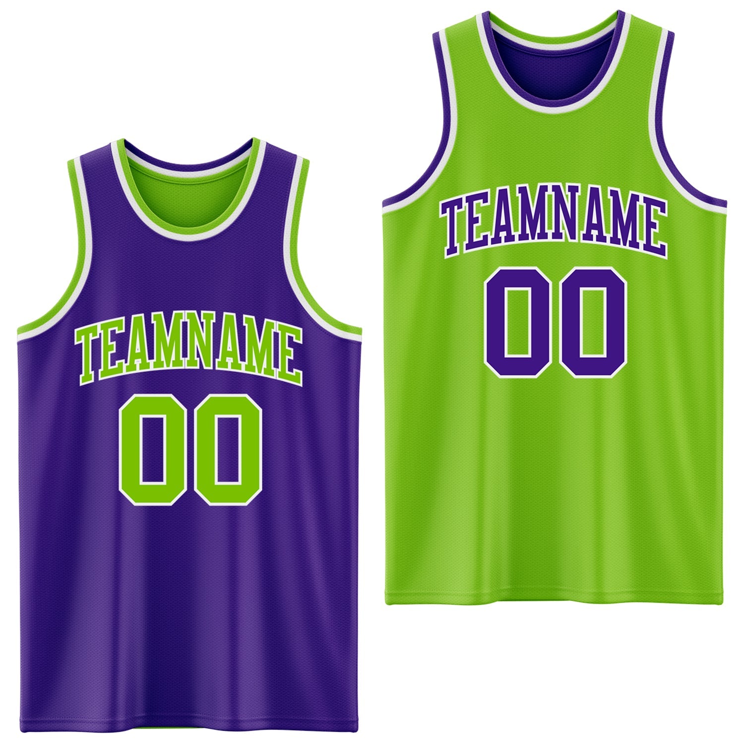 Custom Purple Neon Green-White Reversible Double Side Sublimation Basketball Set Jersey - Main View