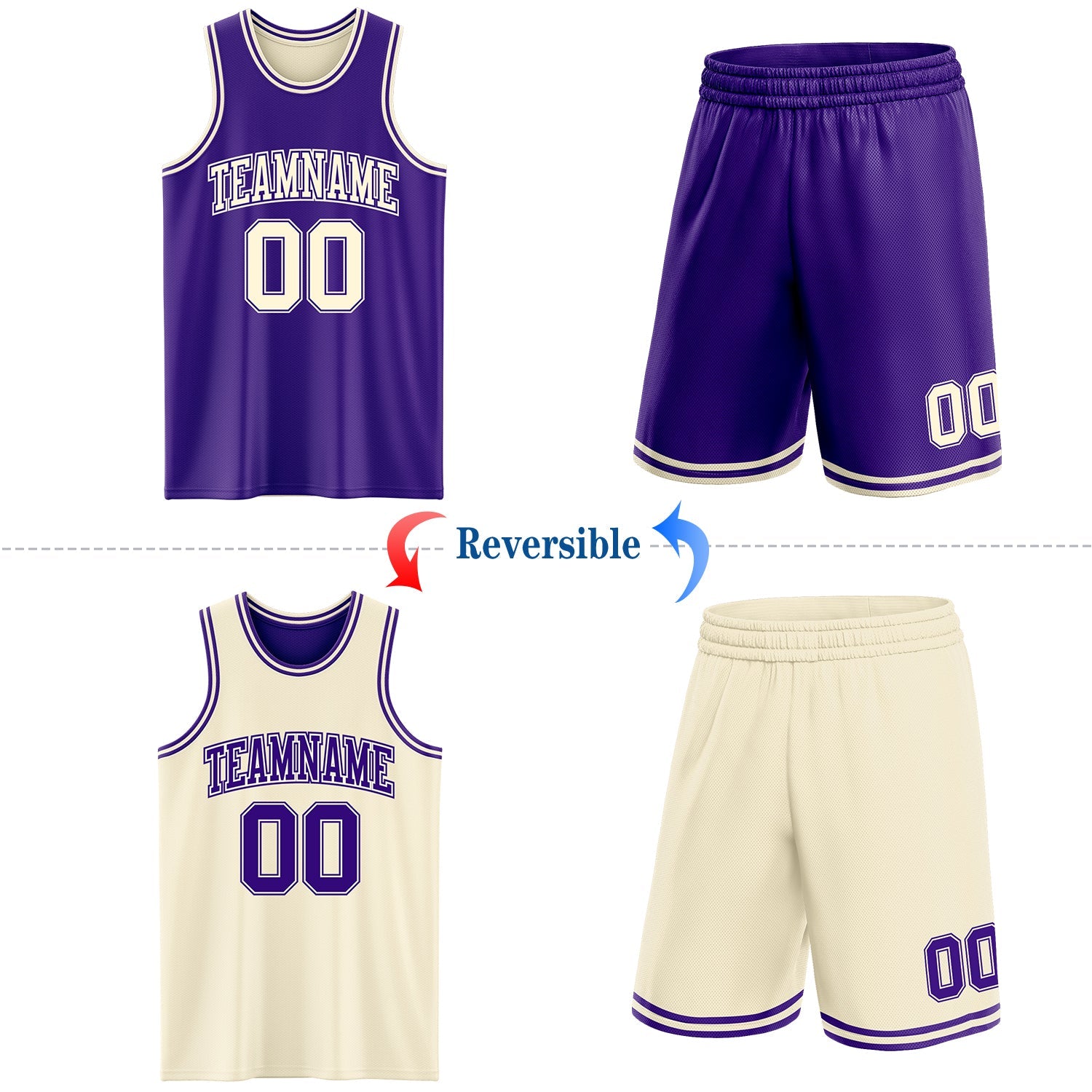 Custom Reversible Purple Cream Double Side Sublimation Basketball Set Jersey view 2