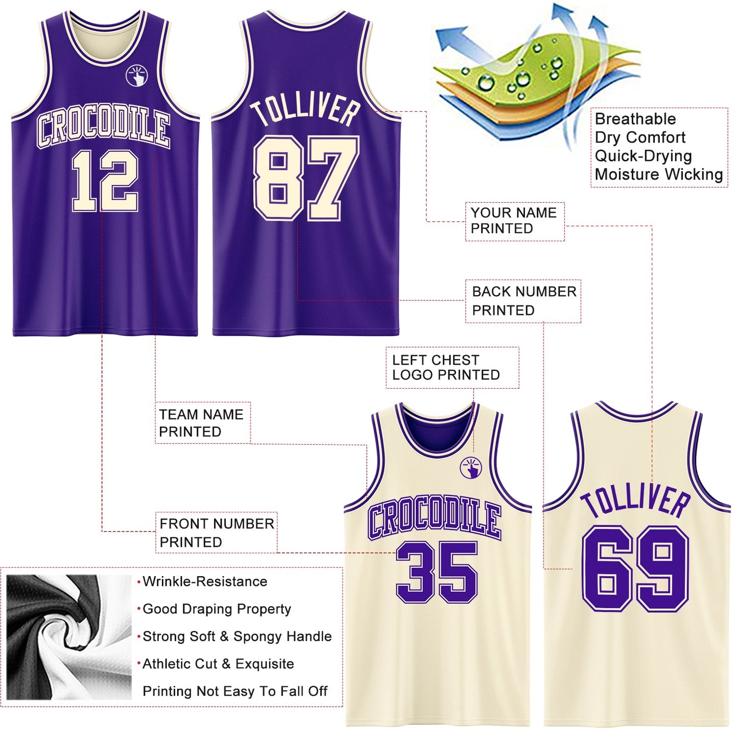 Custom Reversible Purple Cream Double Side Sublimation Basketball Set Jersey view 5