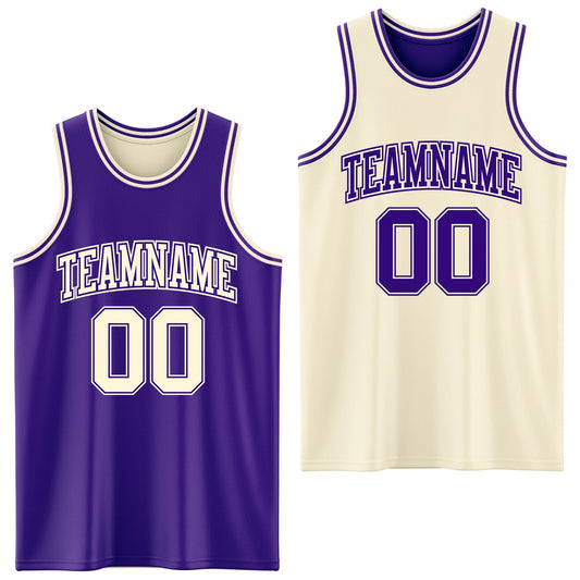 Custom Reversible Purple Cream Double Side Sublimation Basketball Set Jersey - Main View