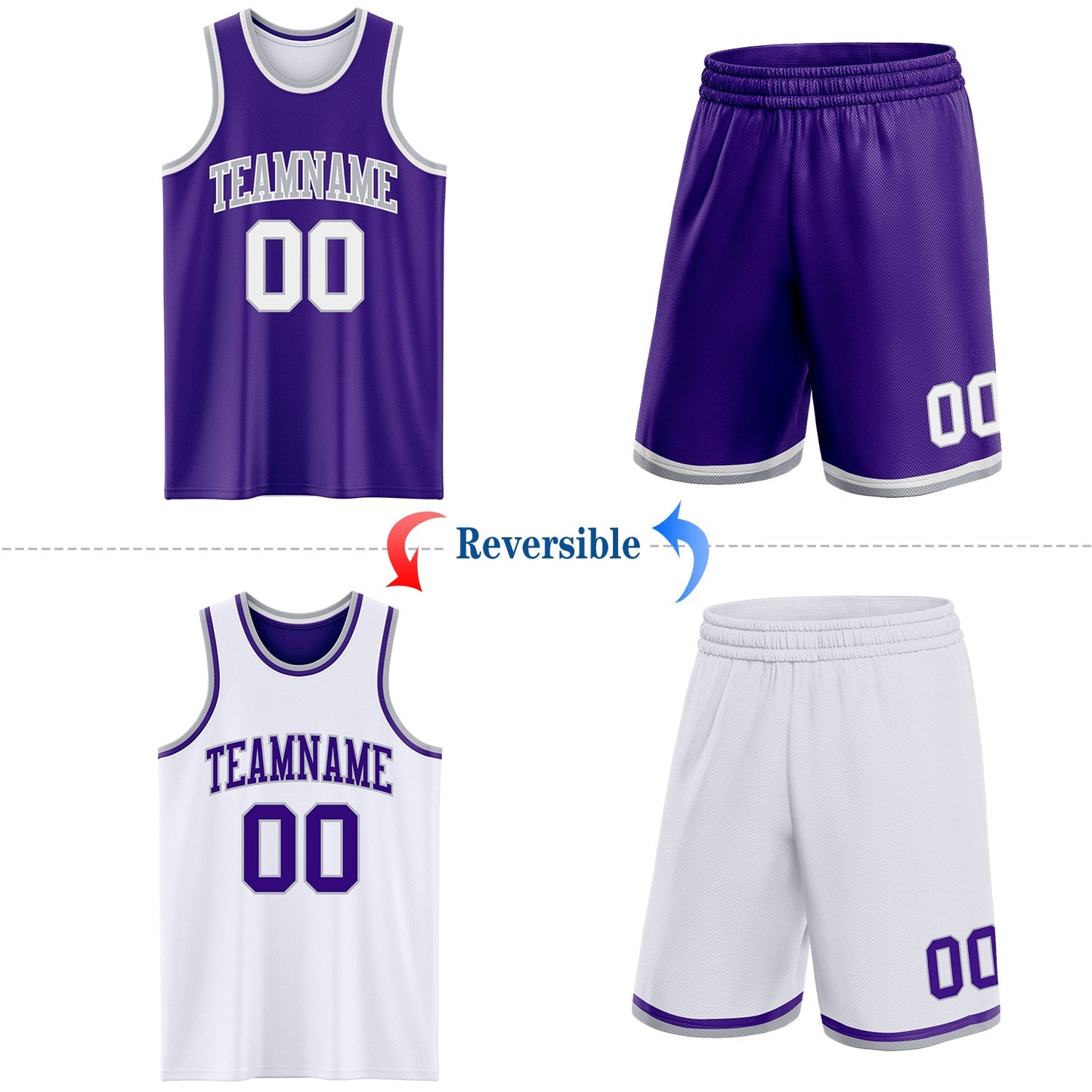 Custom Reversible Purple White-Gray Double Side Sublimation Basketball Set Jersey view 2