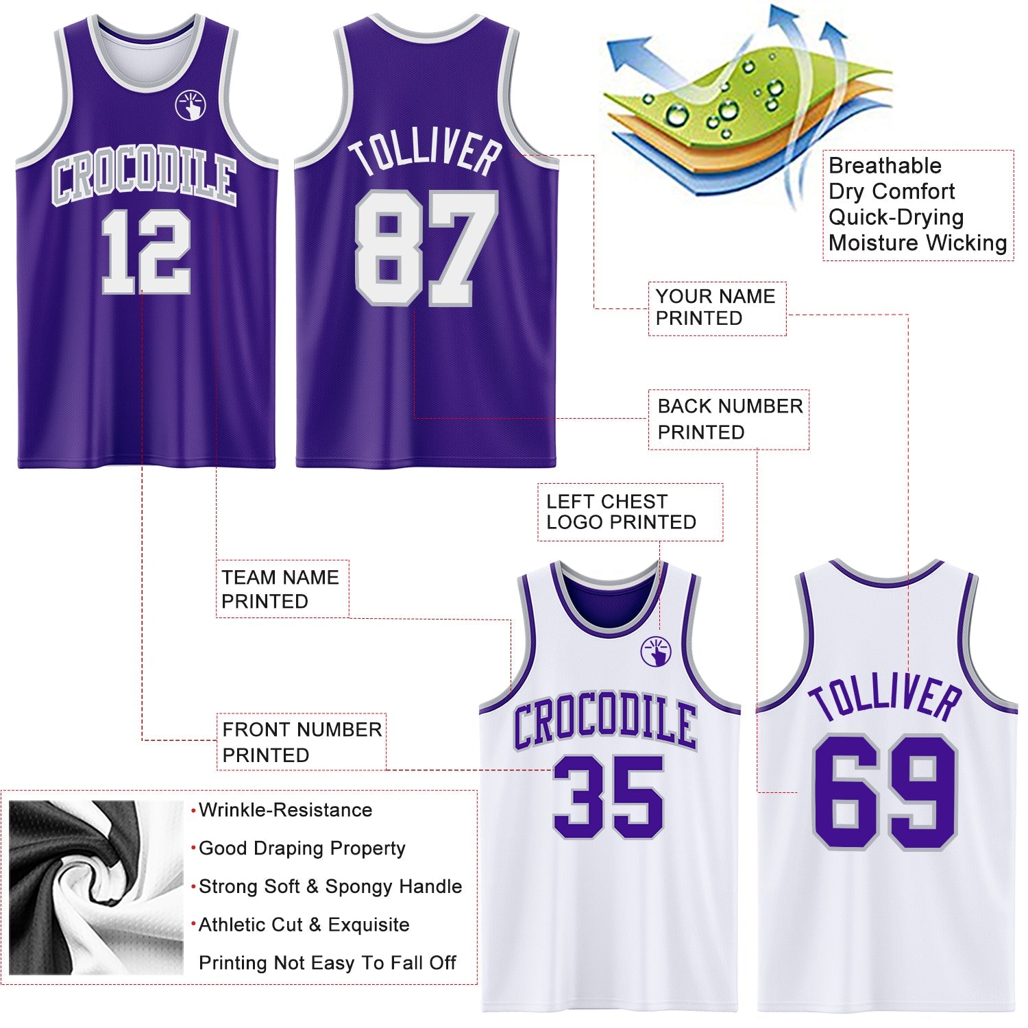 Custom Reversible Purple White-Gray Double Side Sublimation Basketball Set Jersey view 5
