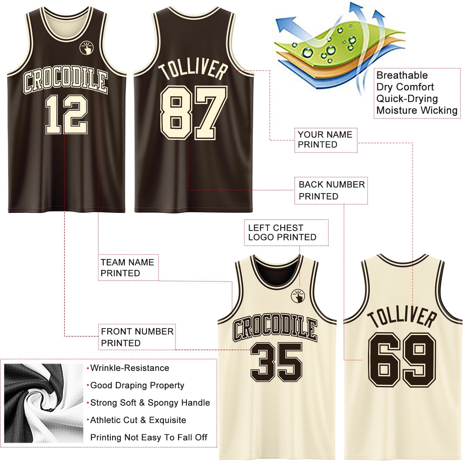 Custom Reversible Brown Cream Double Side Sublimation Basketball Set Jersey view 5