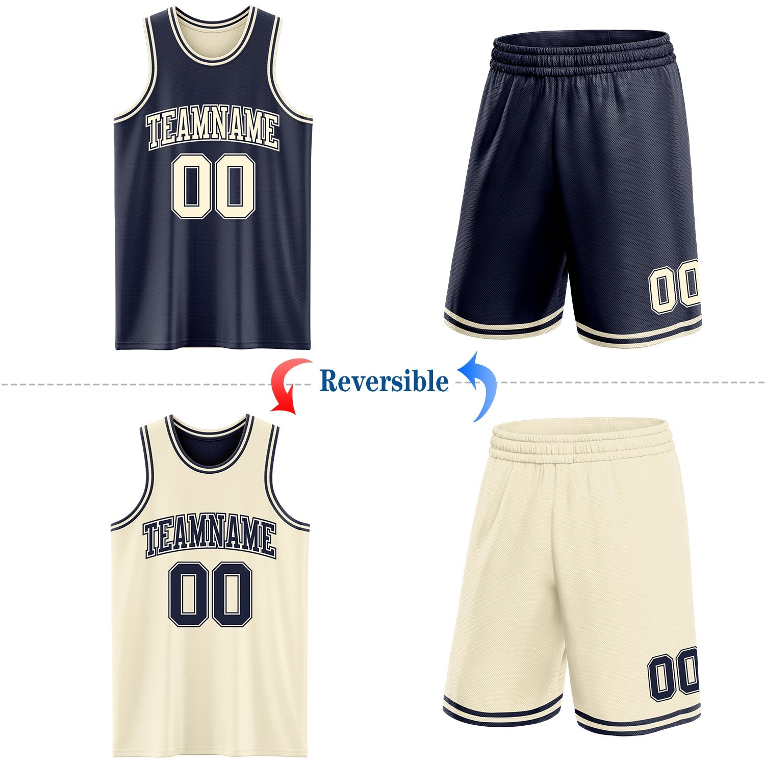 Custom Reversible Navy Cream Double Side Sublimation Basketball Set Jersey view 2