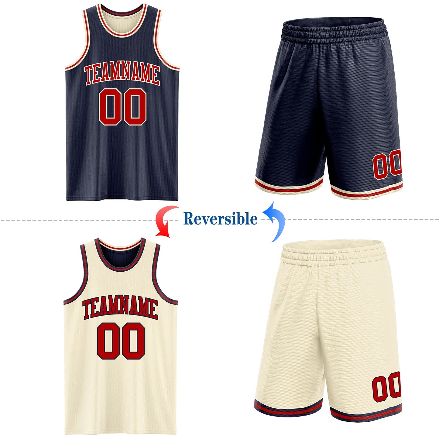 Custom Reversible Navy Red-Cream Double Side Sublimation Basketball Set Jersey view 2