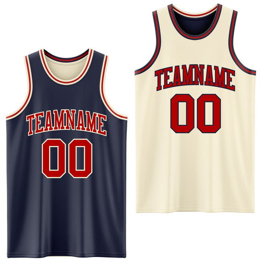 Custom Reversible Navy Red-Cream Double Side Sublimation Basketball Set Jersey - Main View