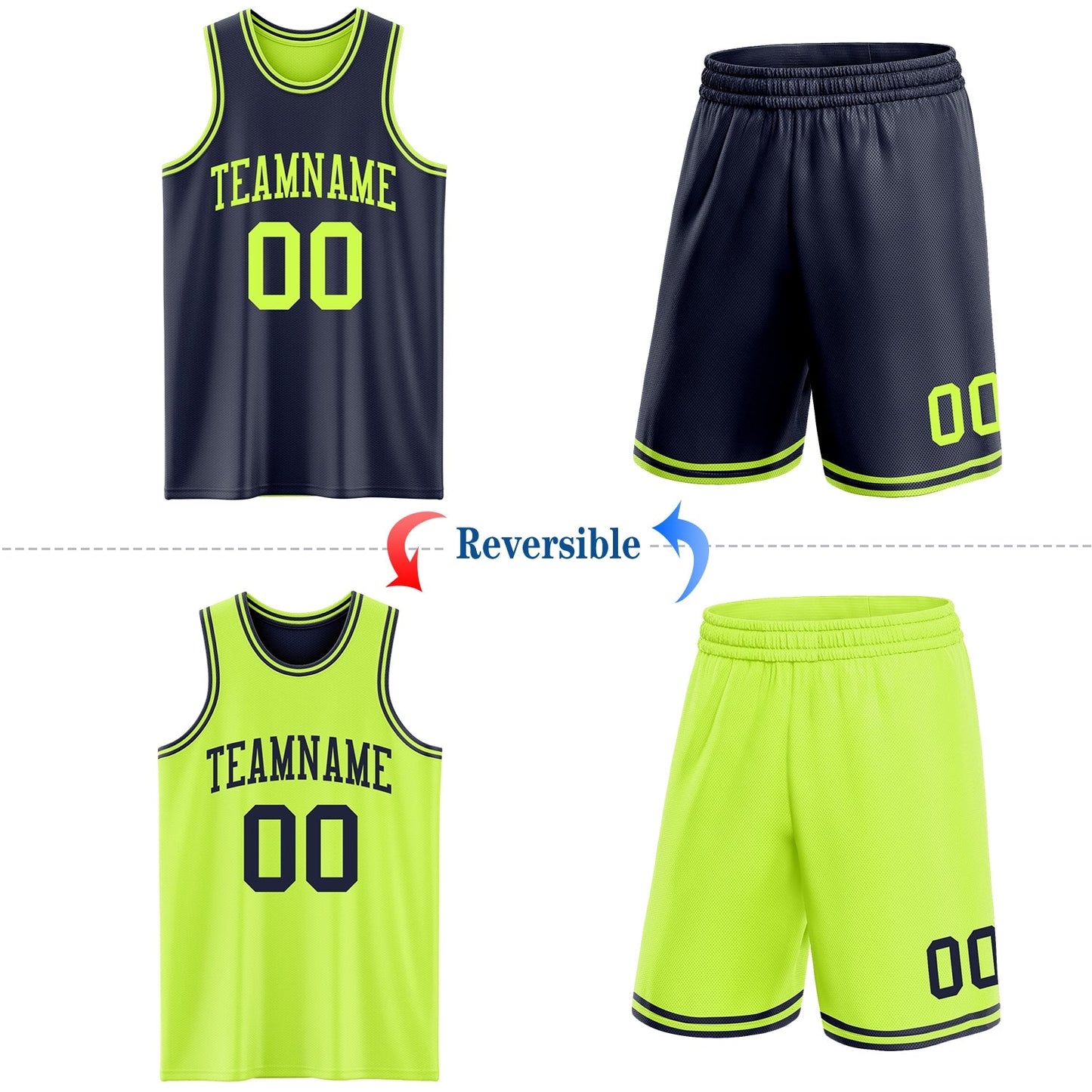 Custom Reversible Navy Neon Green Double Side Sublimation Basketball Set Jersey view 2
