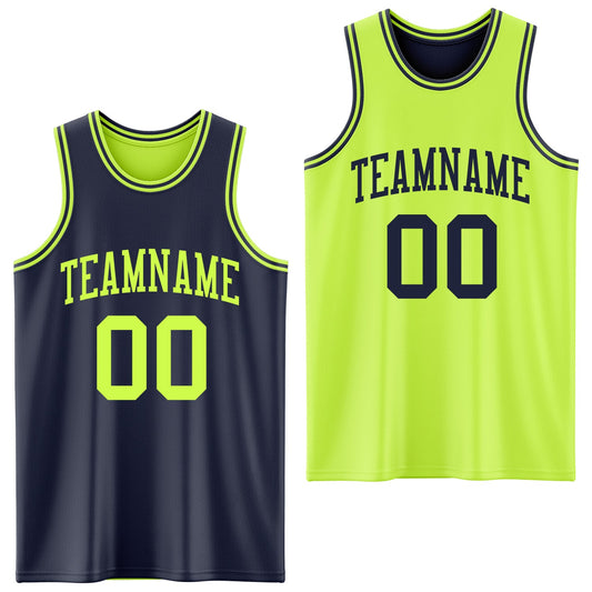 Custom Reversible Navy Neon Green Double Side Sublimation Basketball Set Jersey - Main View