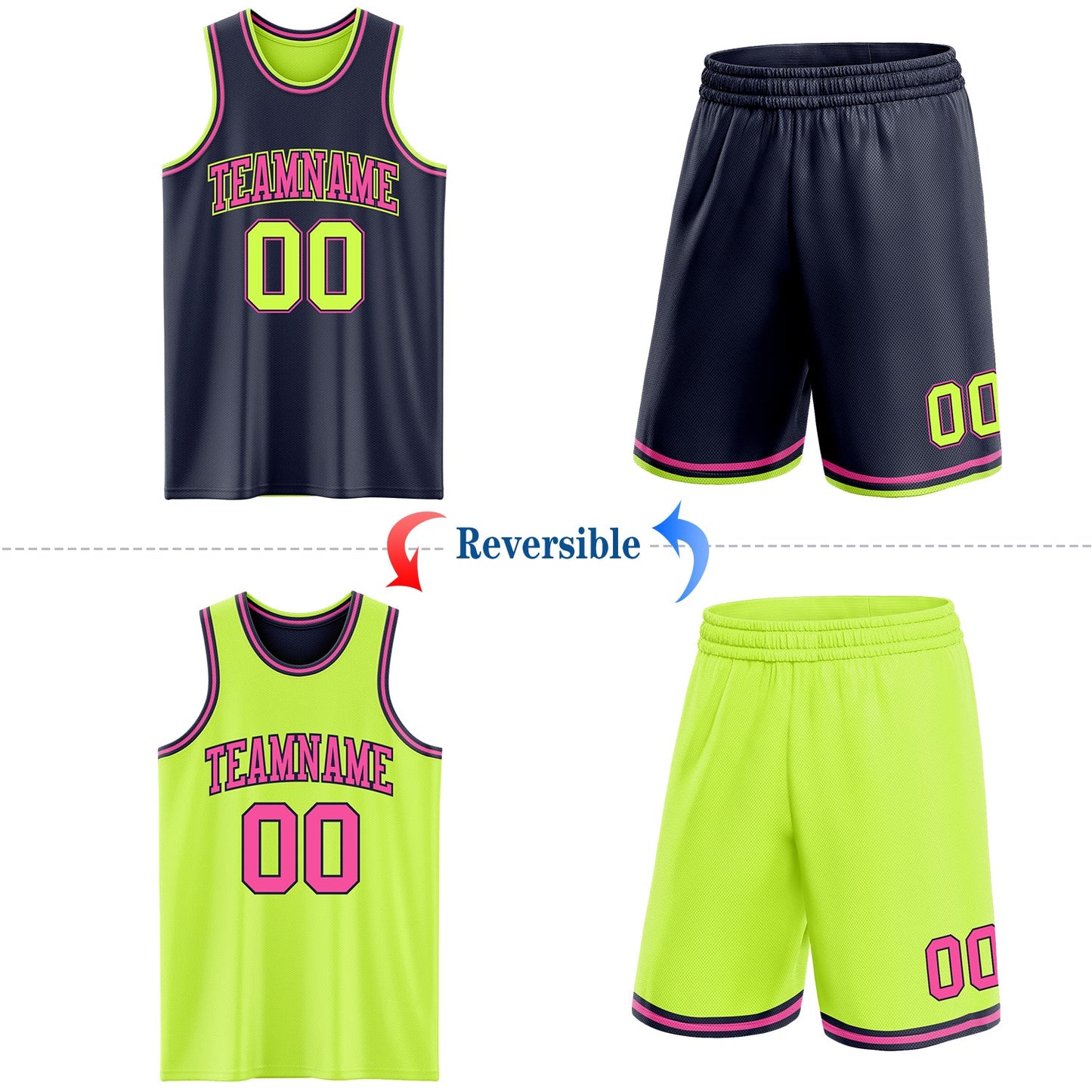 Custom Reversible Navy Neon Green-Pink Double Side Sublimation Basketball Set Jersey view 2
