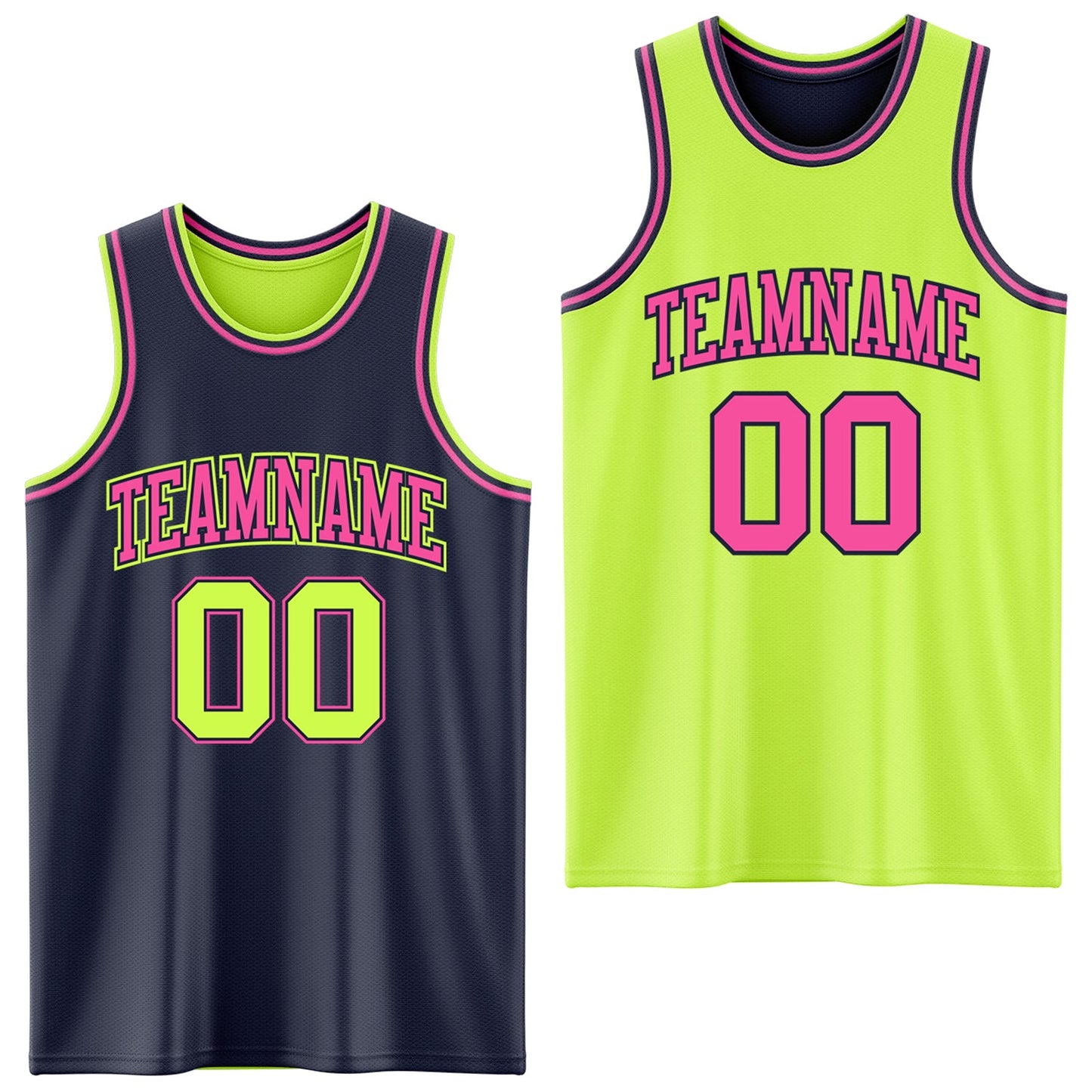 Custom Reversible Navy Neon Green-Pink Double Side Sublimation Basketball Set Jersey - Main View