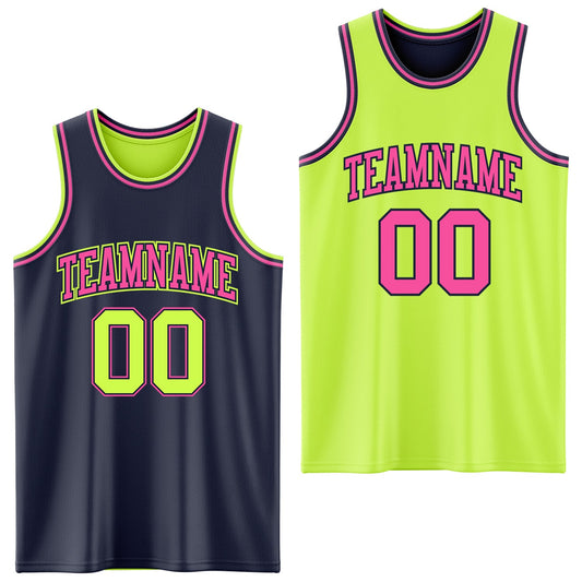 Custom Reversible Navy Neon Green-Pink Double Side Sublimation Basketball Set Jersey - Main View