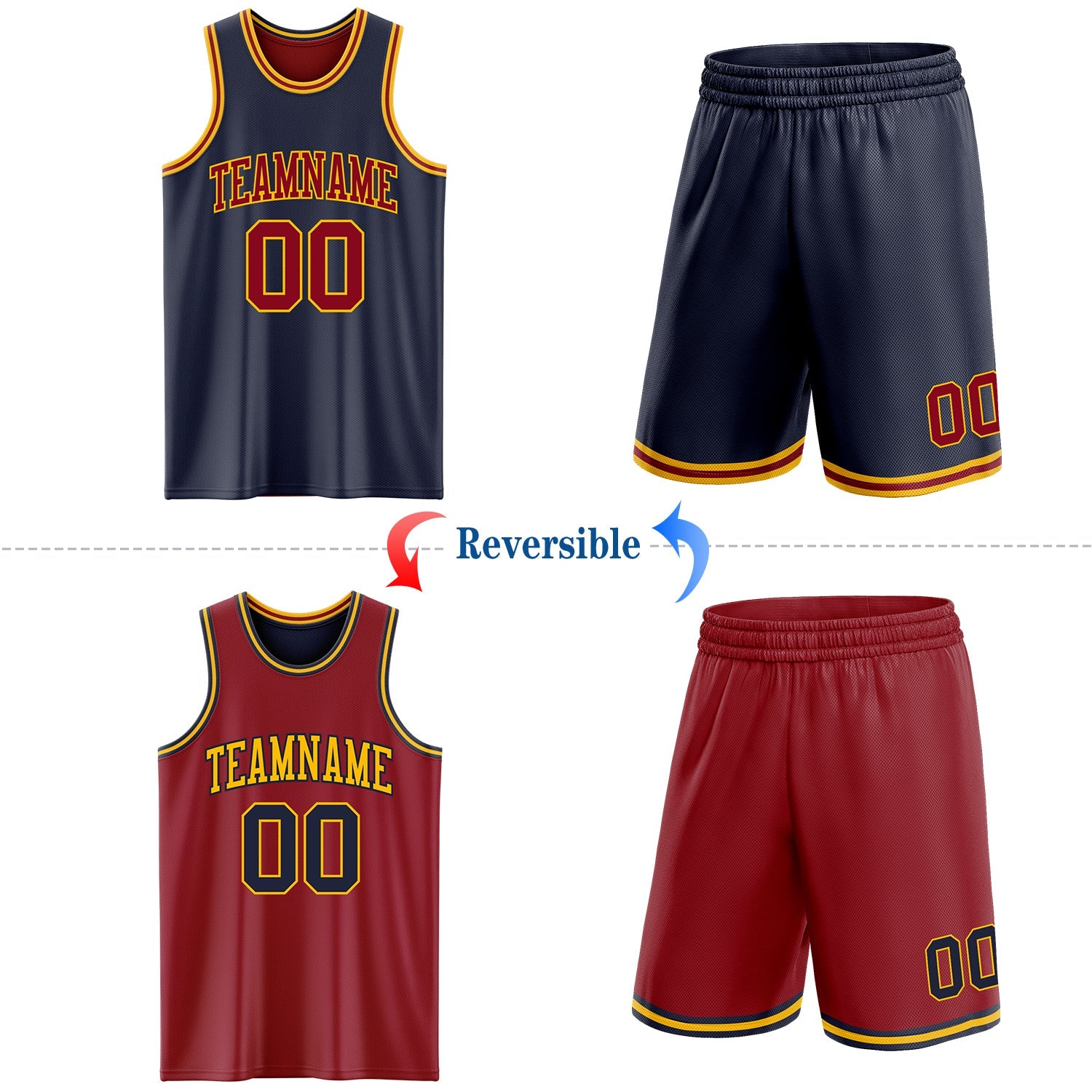 Custom Reversible Navy Maroon-Gold Double Side Sublimation Basketball Set Jersey view 2