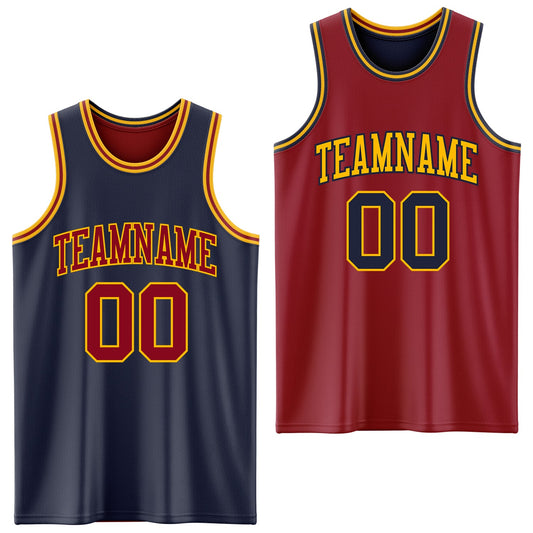 Custom Reversible Navy Maroon-Gold Double Side Sublimation Basketball Set Jersey - Main View