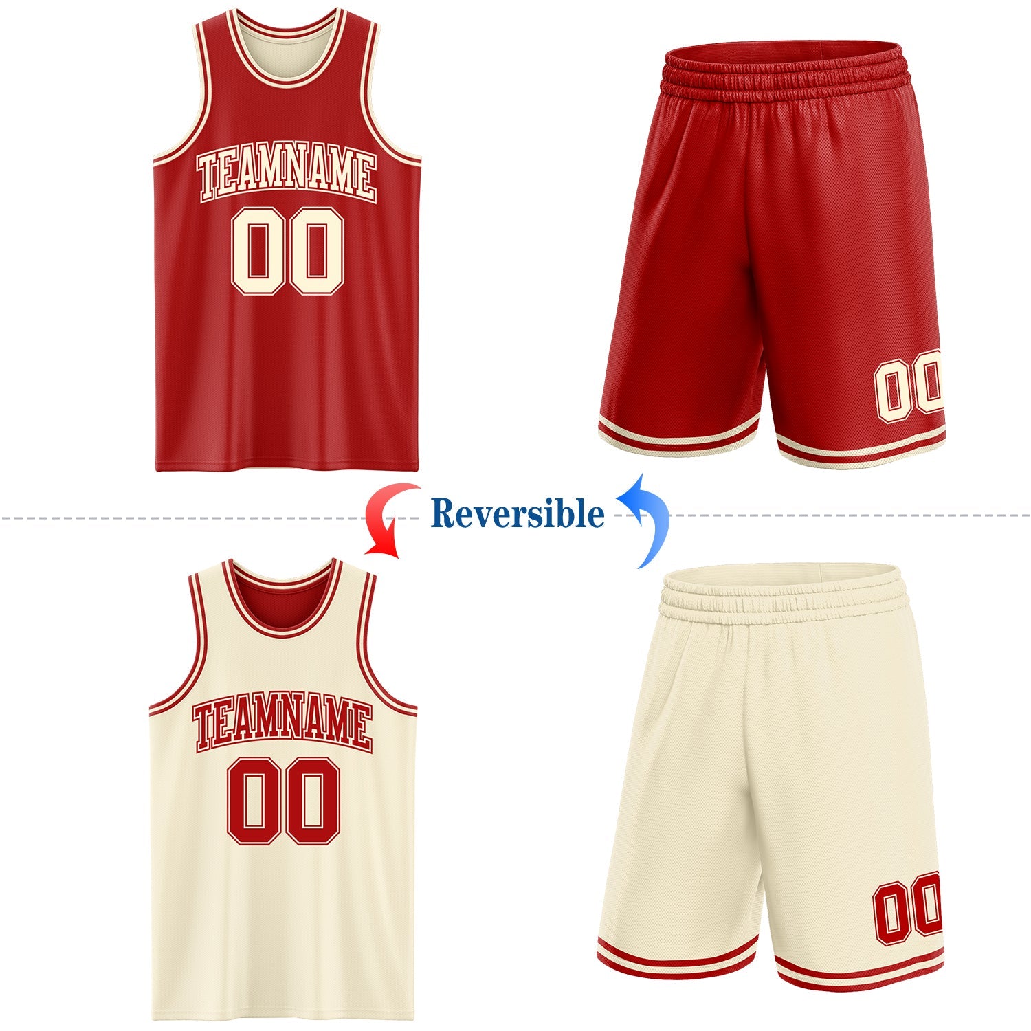 Custom Reversible Red Cream Double Side Sublimation Basketball Set Jersey view 2