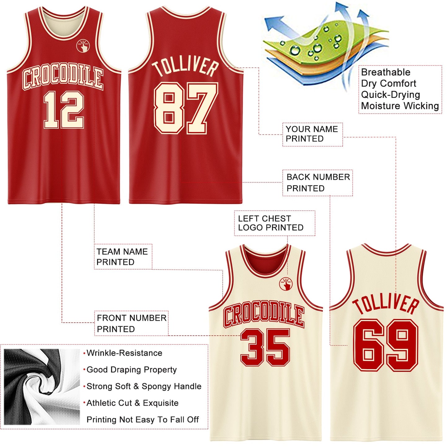 Custom Reversible Red Cream Double Side Sublimation Basketball Set Jersey view 5