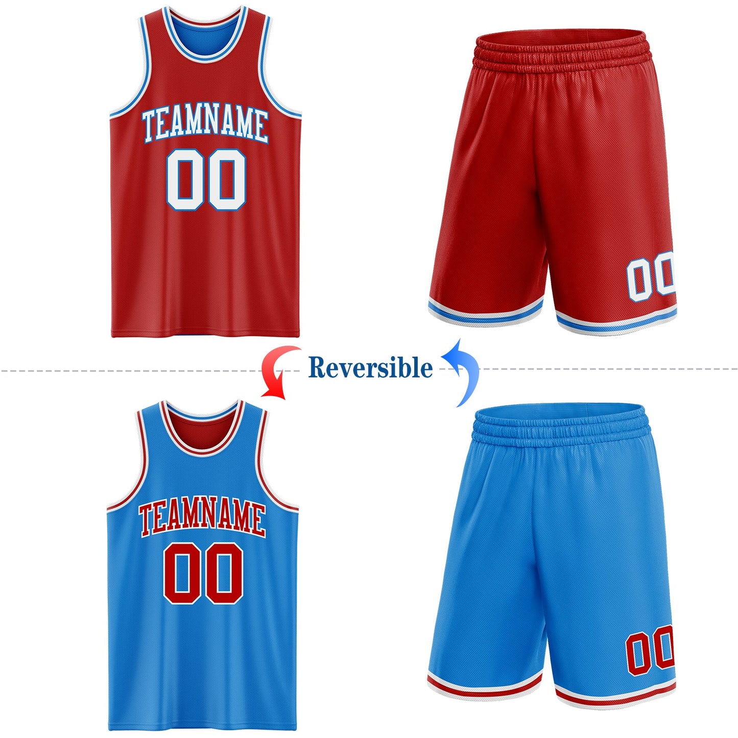 Custom Reversible Red White-Powder Blue Double Side Sublimation Basketball Set Jersey view 2