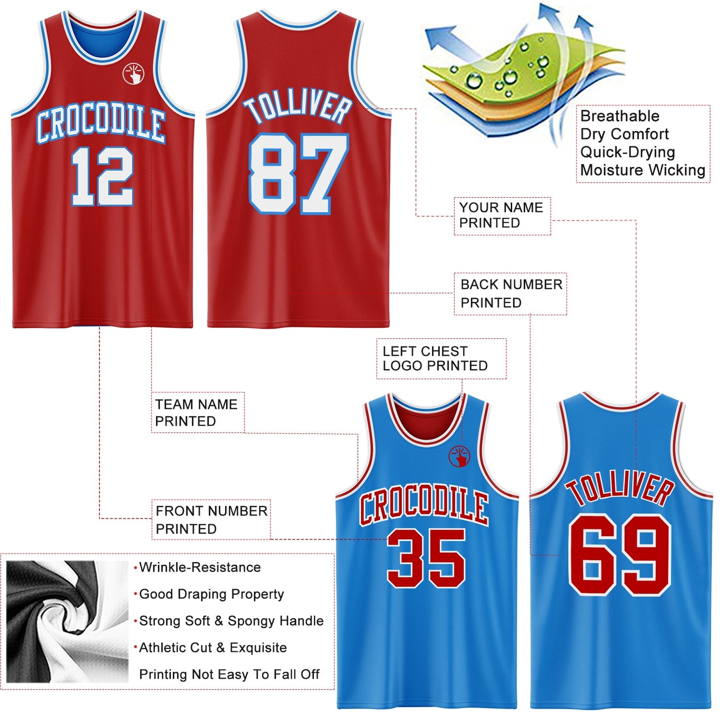 Custom Reversible Red White-Powder Blue Double Side Sublimation Basketball Set Jersey view 5
