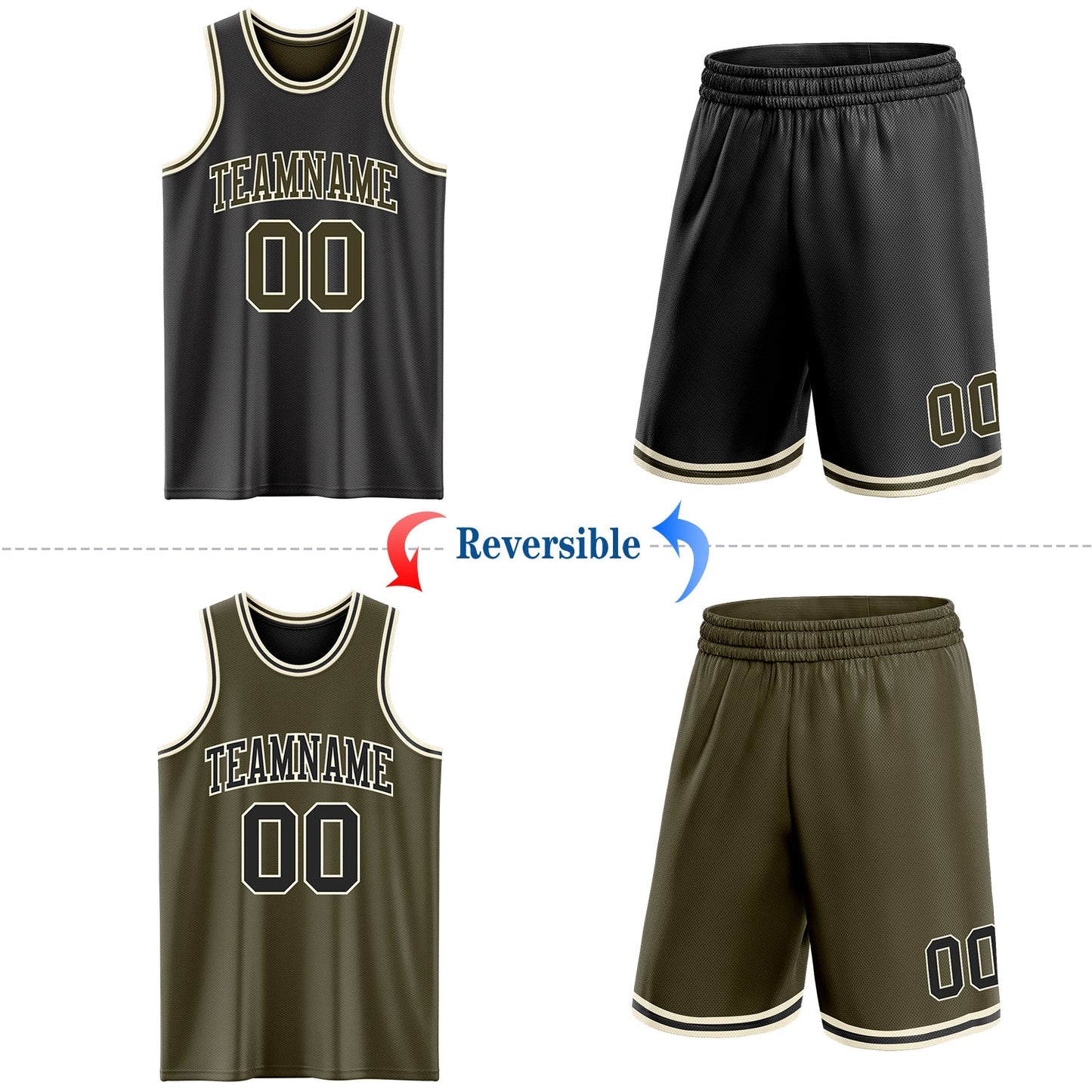 Custom Reversible Black Olive-Cream Double Side Sublimation Basketball Set Jersey view 2