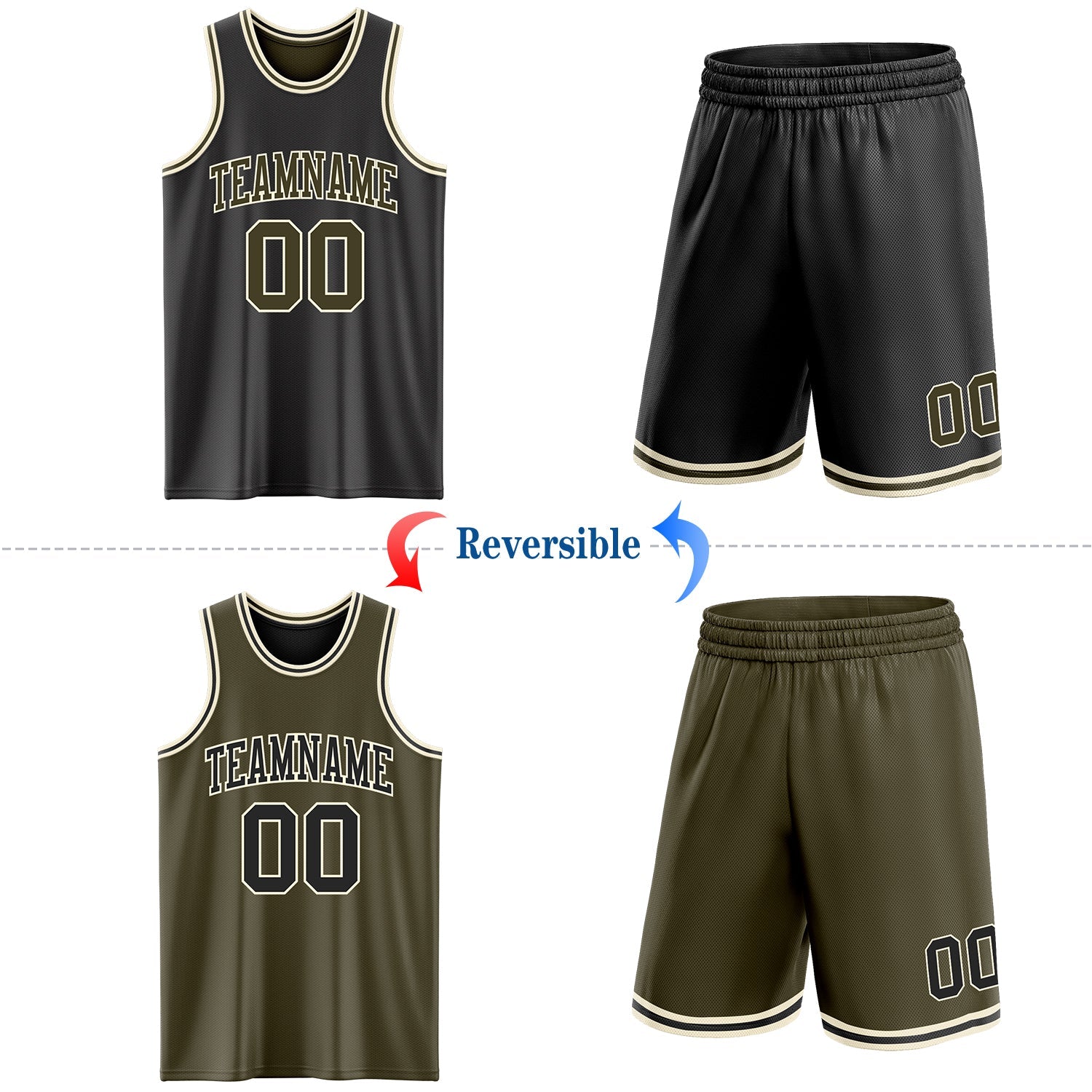 Custom Reversible Black Olive-Cream Double Side Sublimation Basketball Set Jersey view 2