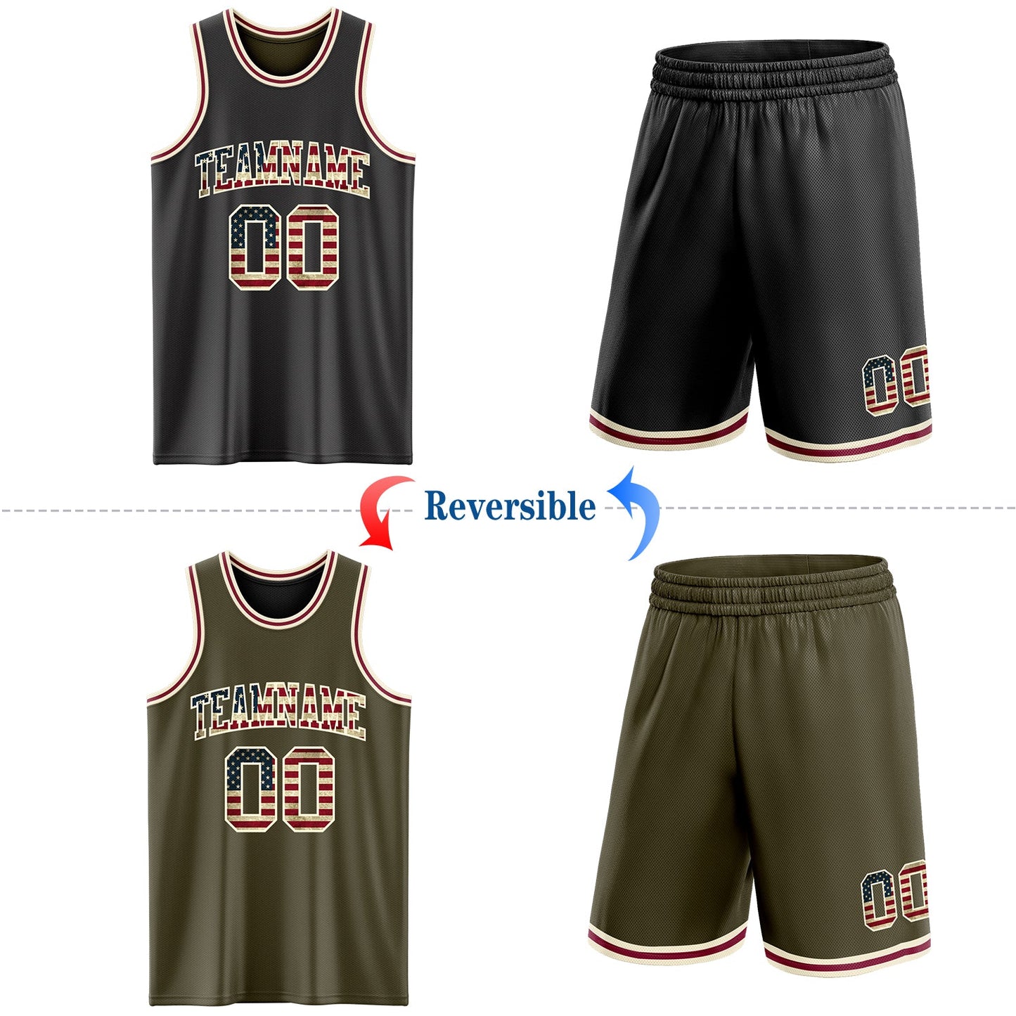 Custom Reversible Black Vintage USA Flag Cream-Maroon Double Side Sublimation Basketball Set Jersey view 2