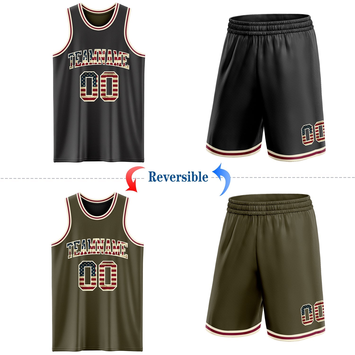 Custom Reversible Black Vintage USA Flag Cream-Maroon Double Side Sublimation Basketball Set Jersey view 2