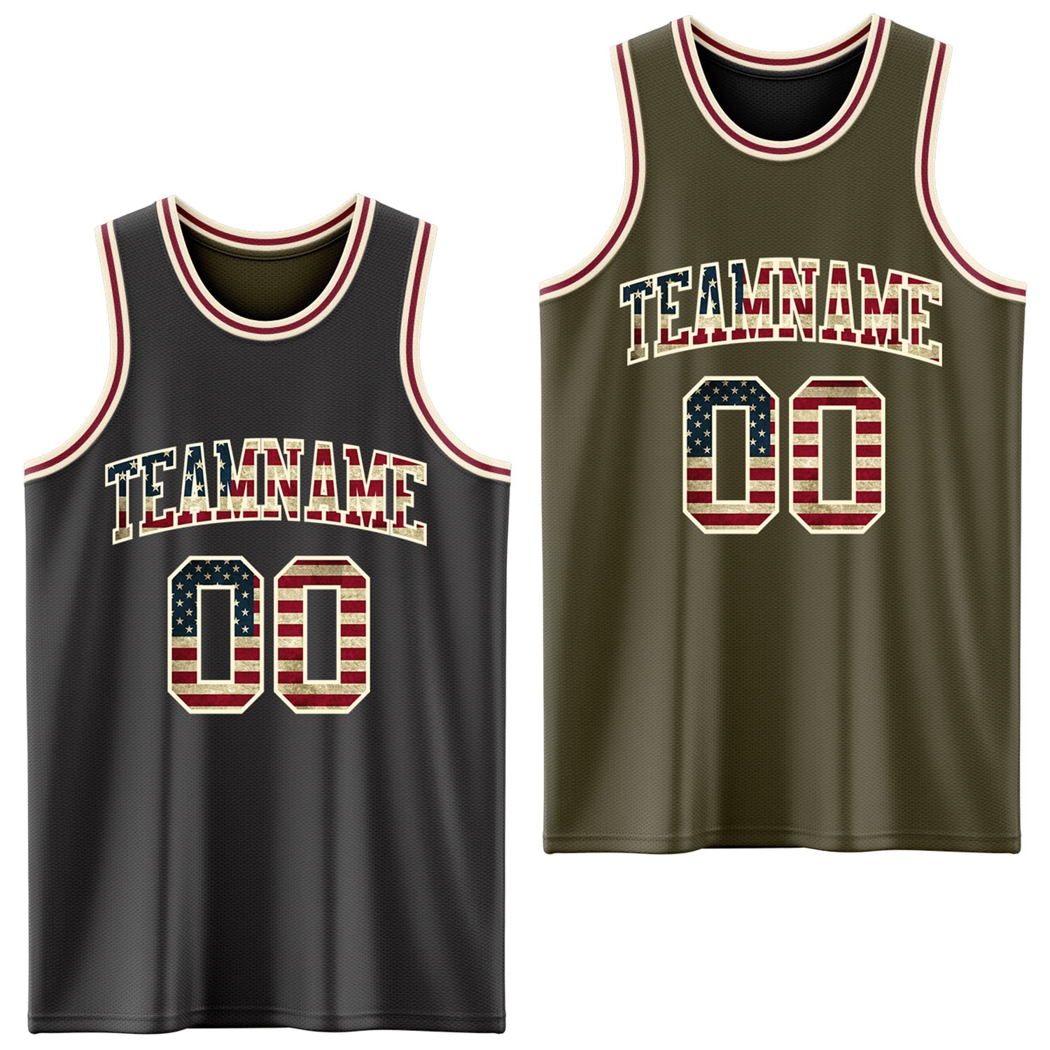 Custom Reversible Black Vintage USA Flag Cream-Maroon Double Side Sublimation Basketball Set Jersey - Main View