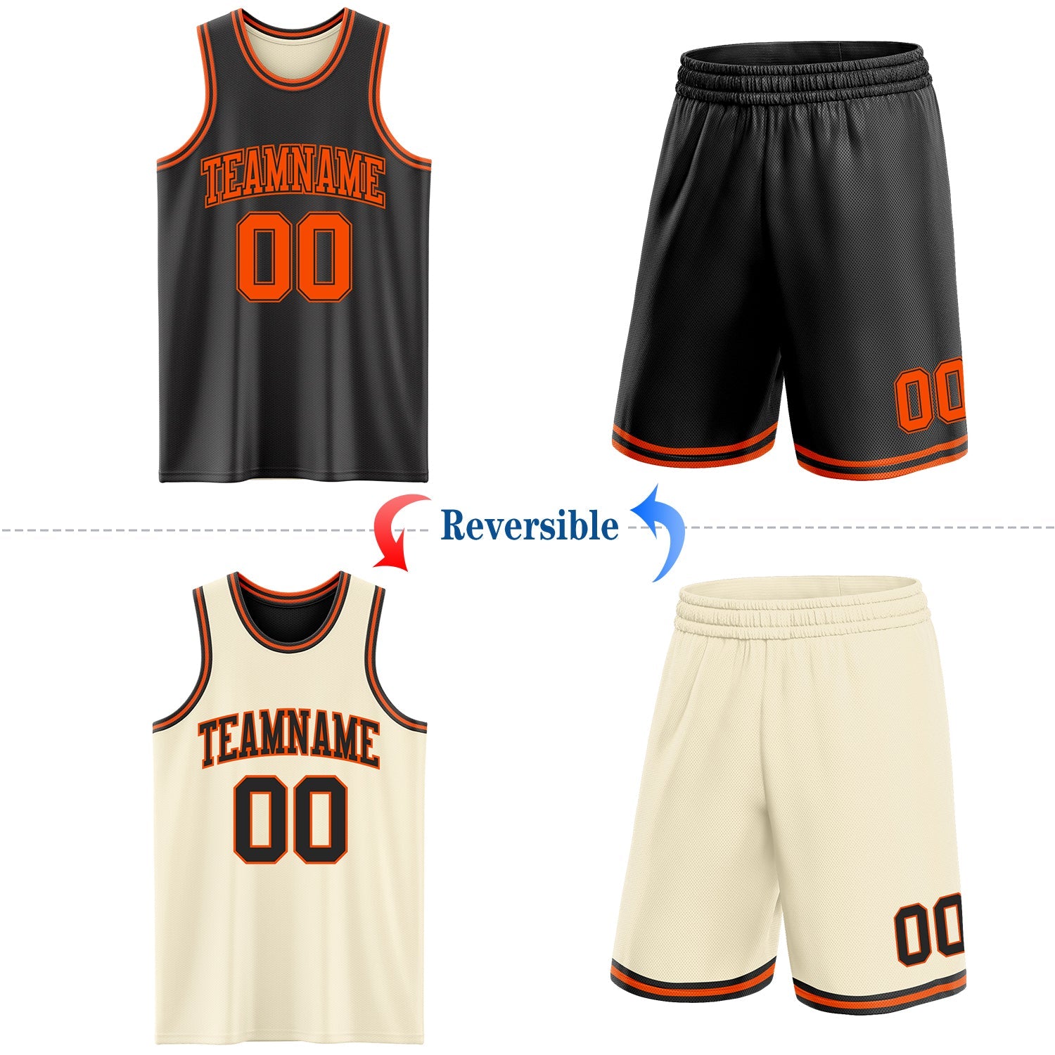 Custom Reversible Black Orange Double Side Sublimation Basketball Set Jersey view 2