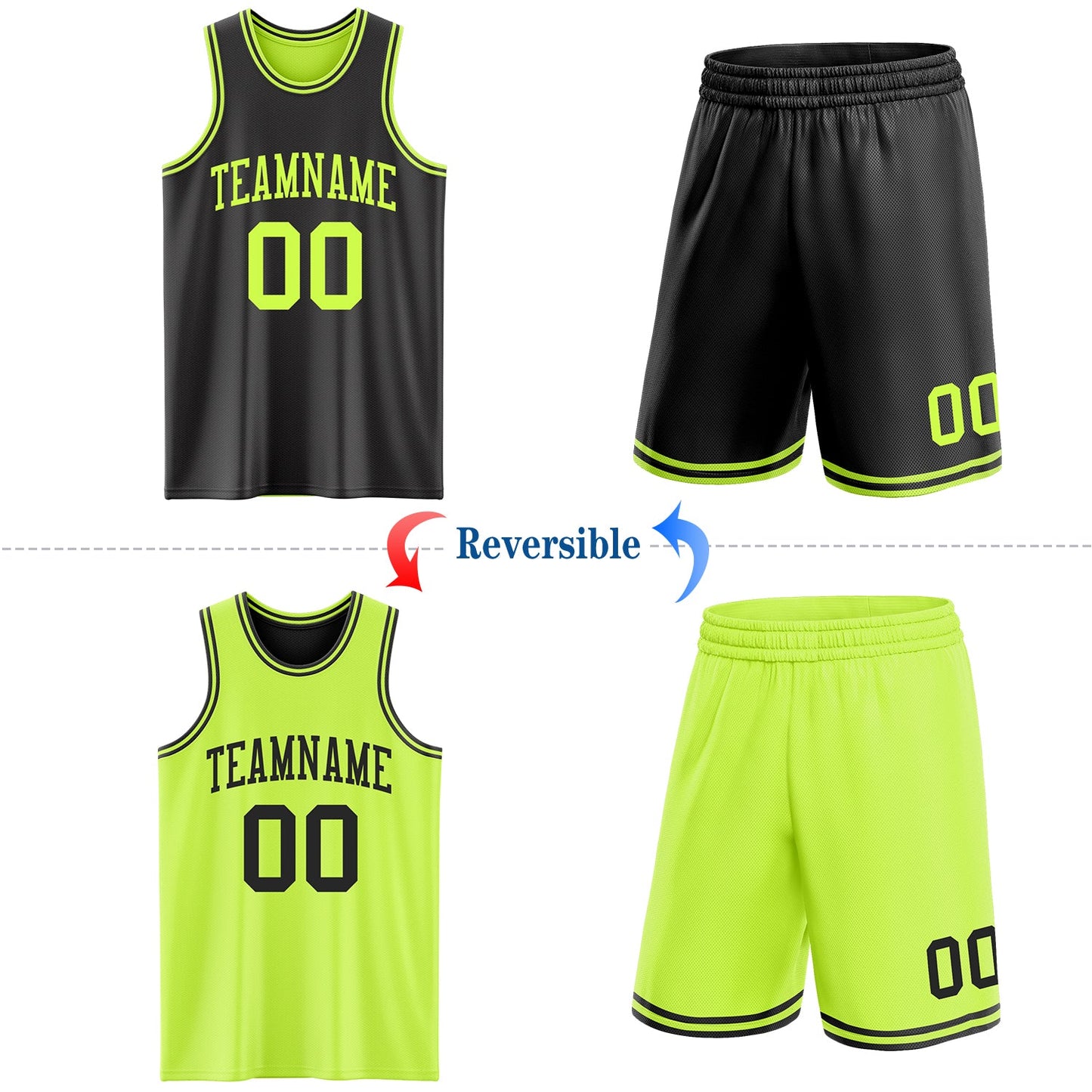 Custom Reversible Black Neon Green Double Side Sublimation Basketball Set Jersey view 2
