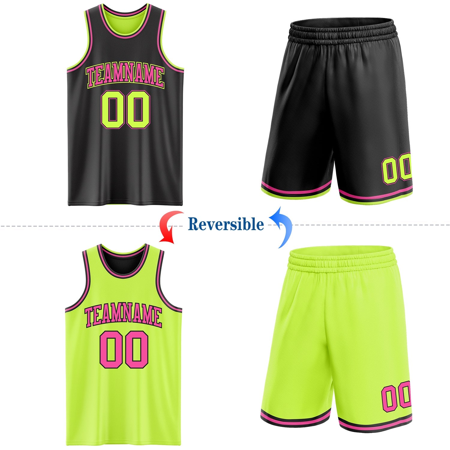 Custom Reversible Black Neon Green-Pink Double Side Sublimation Basketball Set Jersey view 2