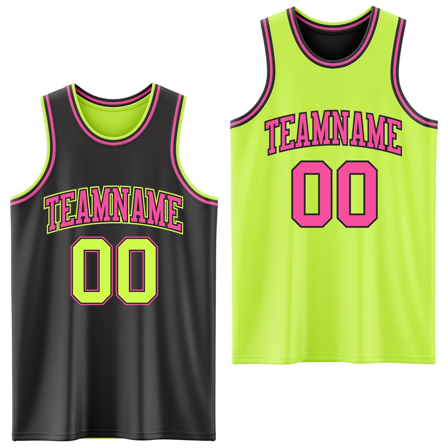 Custom Reversible Black Neon Green-Pink Double Side Sublimation Basketball Set Jersey - Main View