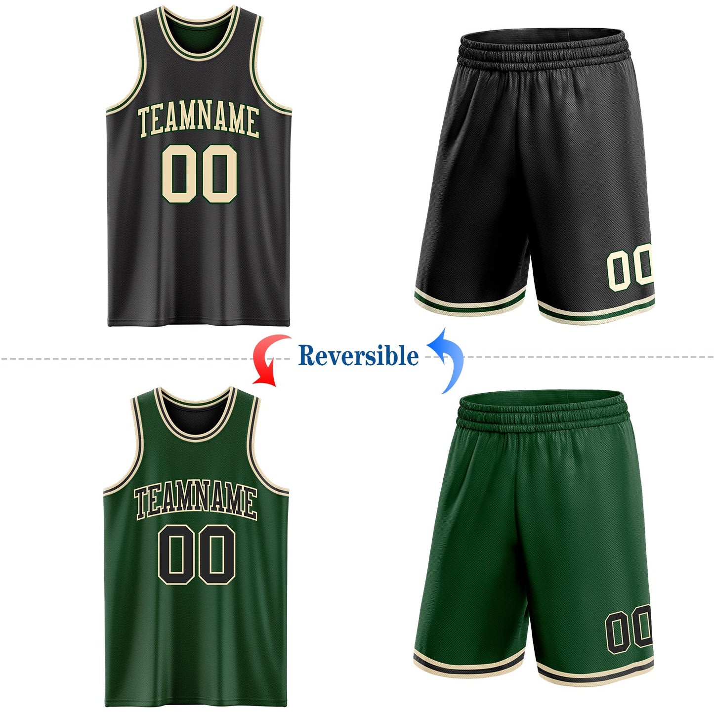 Custom Reversible Black Cream-Green Double Side Sublimation Basketball Set Jersey view 2