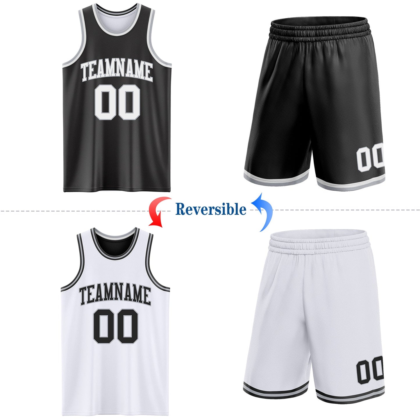 Custom Reversible Black White-Gray Double Side Sublimation Basketball Set Jersey view 2