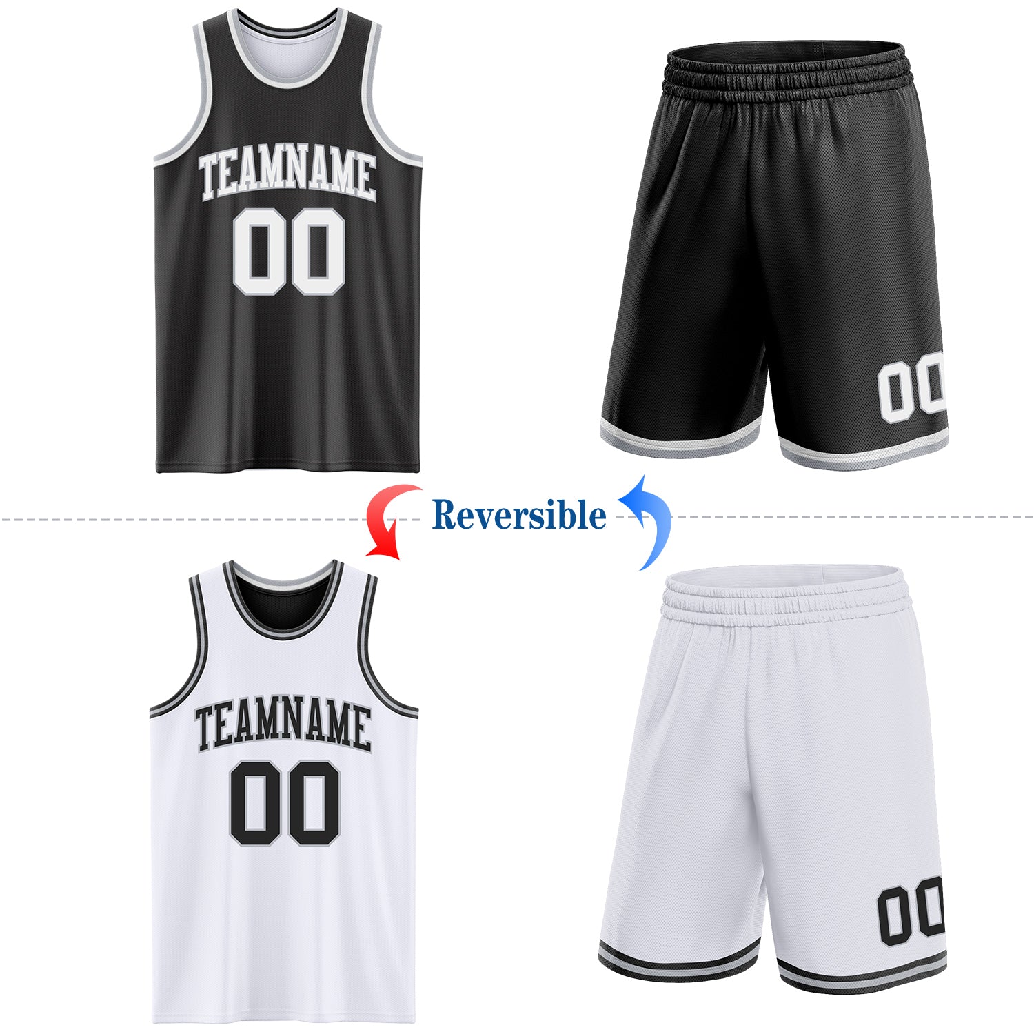 Custom Reversible Black White-Gray Double Side Sublimation Basketball Set Jersey view 2