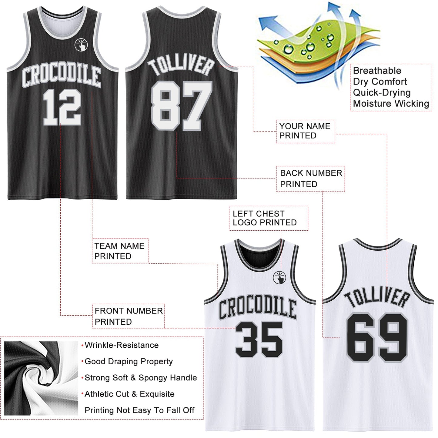 Custom Reversible Black White-Gray Double Side Sublimation Basketball Set Jersey view 5