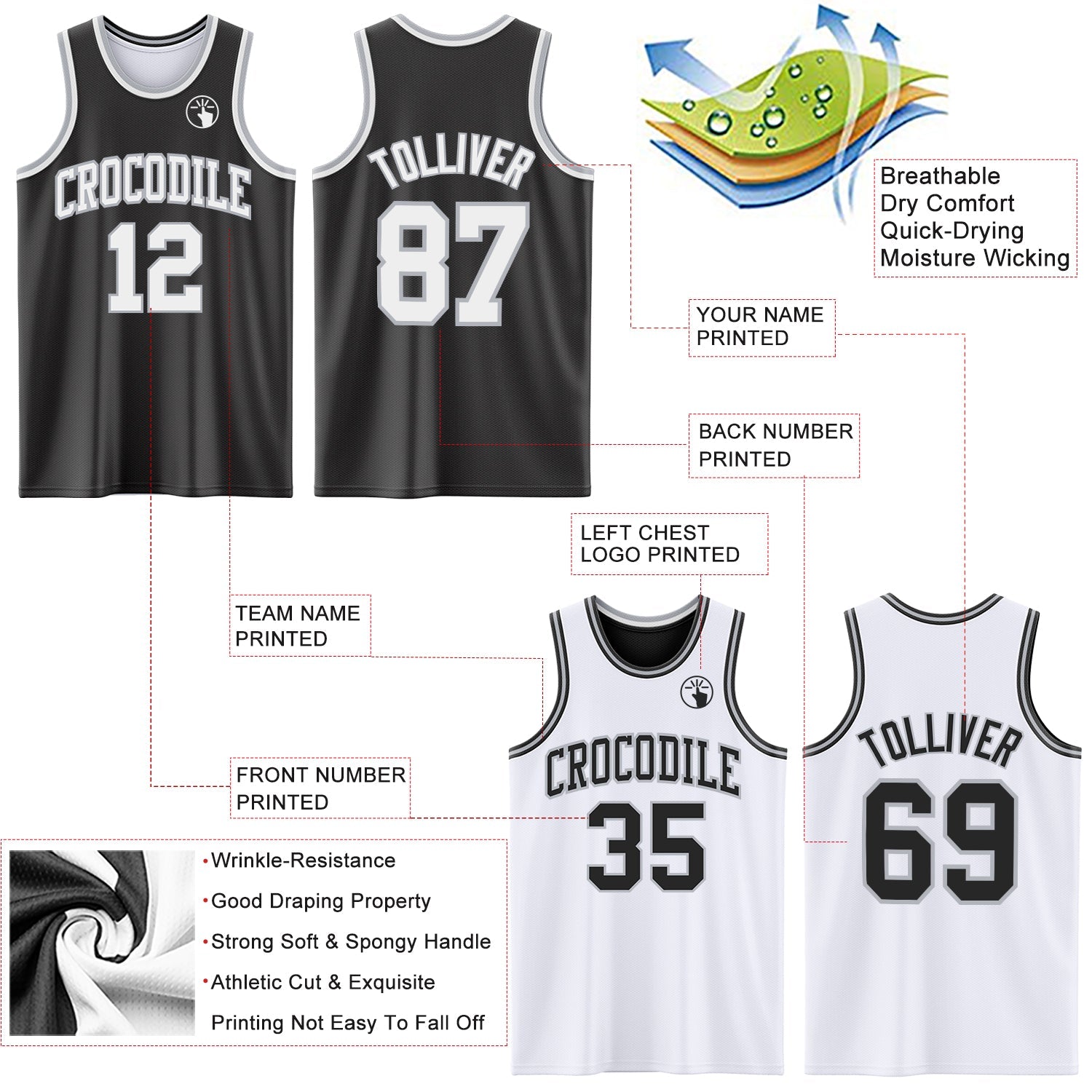 Custom Reversible Black White-Gray Double Side Sublimation Basketball Set Jersey view 5