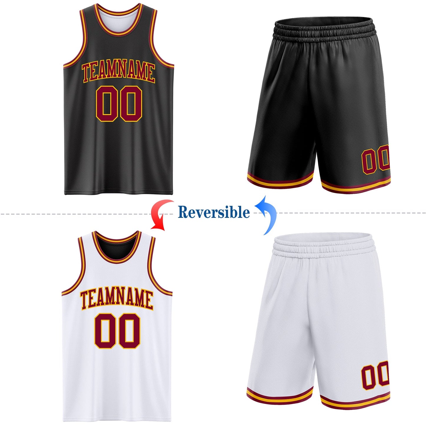 Custom Reversible Black Maroon-Gold Double Side Sublimation Basketball Set Jersey view 2