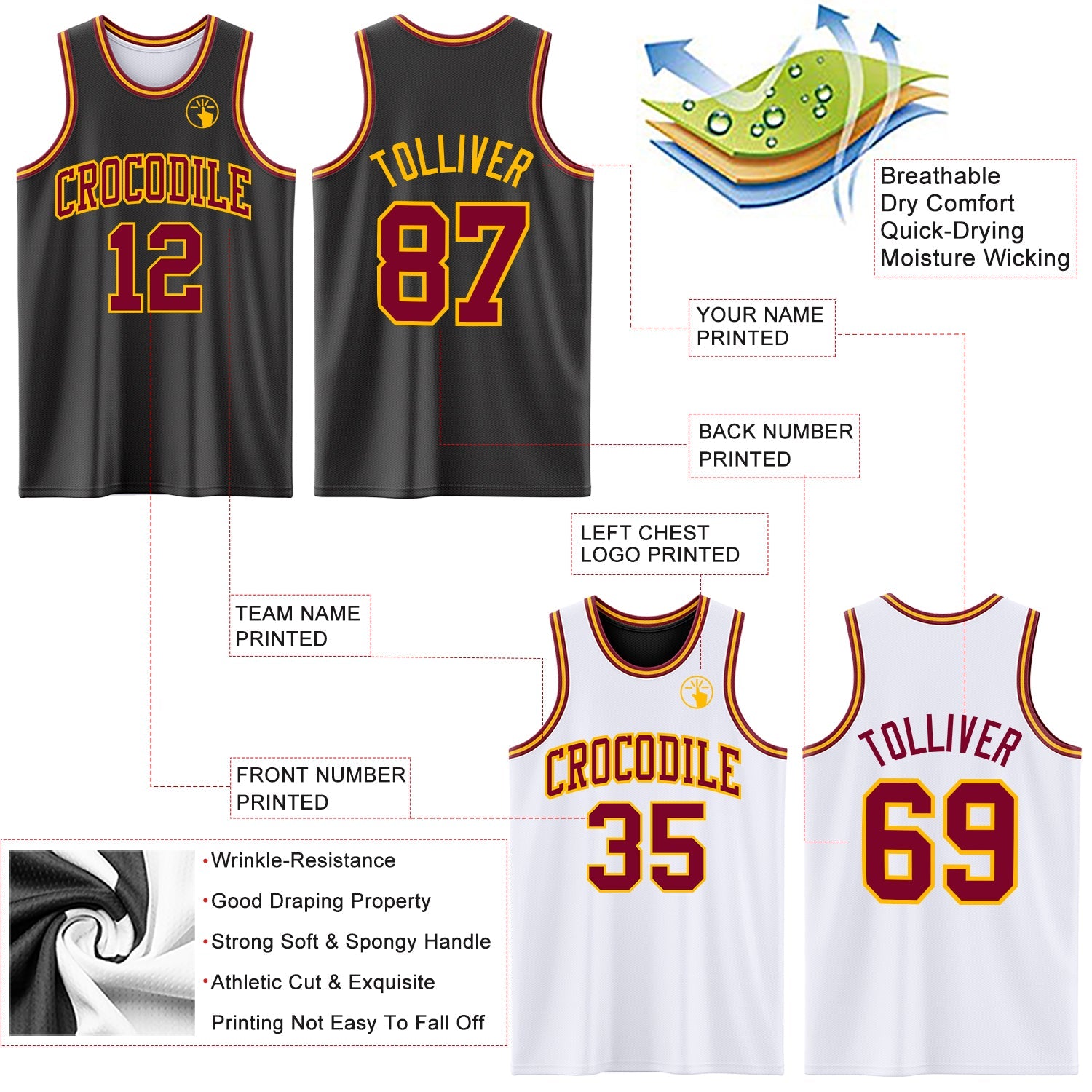 Custom Reversible Black Maroon-Gold Double Side Sublimation Basketball Set Jersey view 5